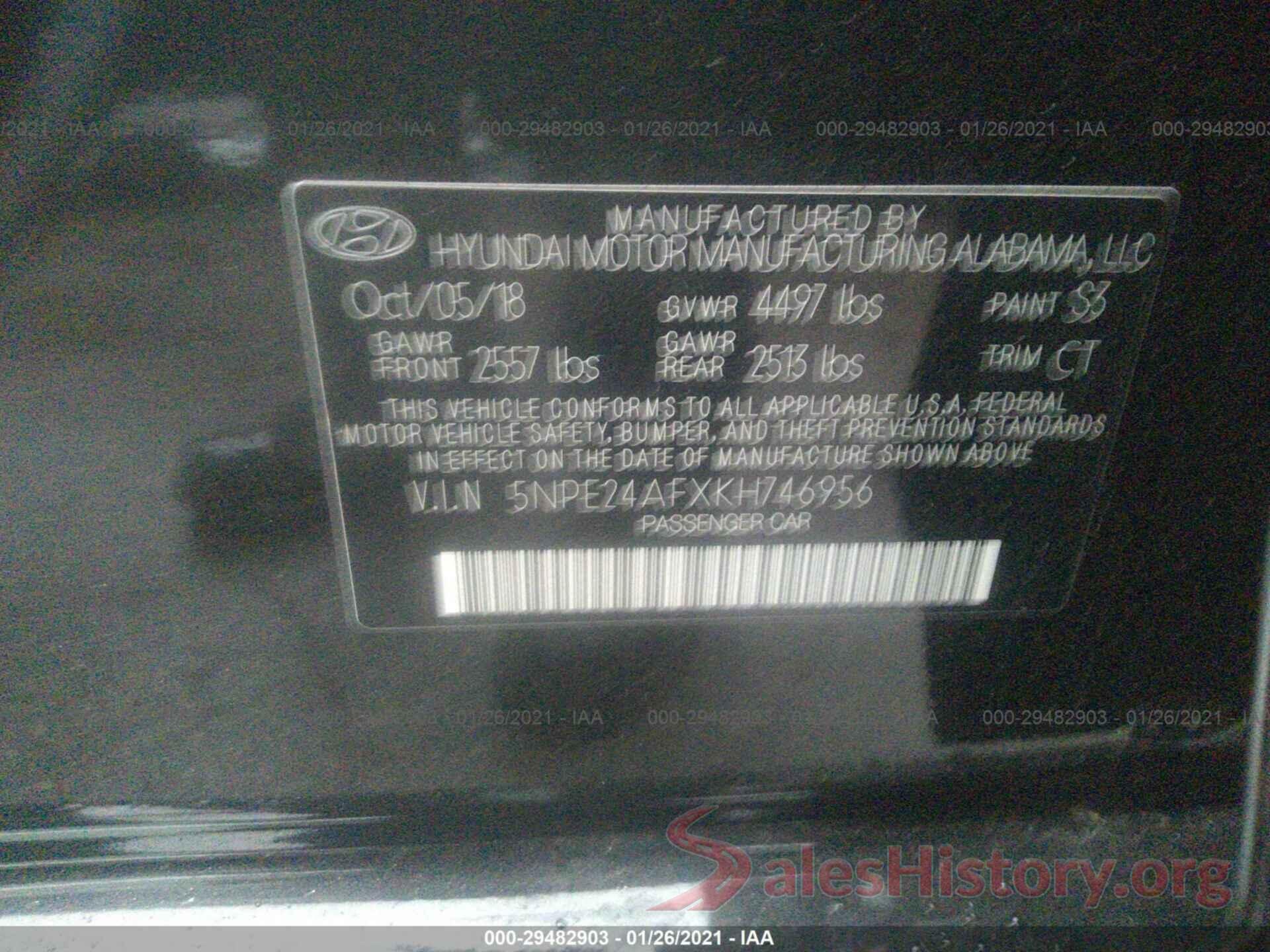 5NPE24AFXKH746956 2019 HYUNDAI SONATA