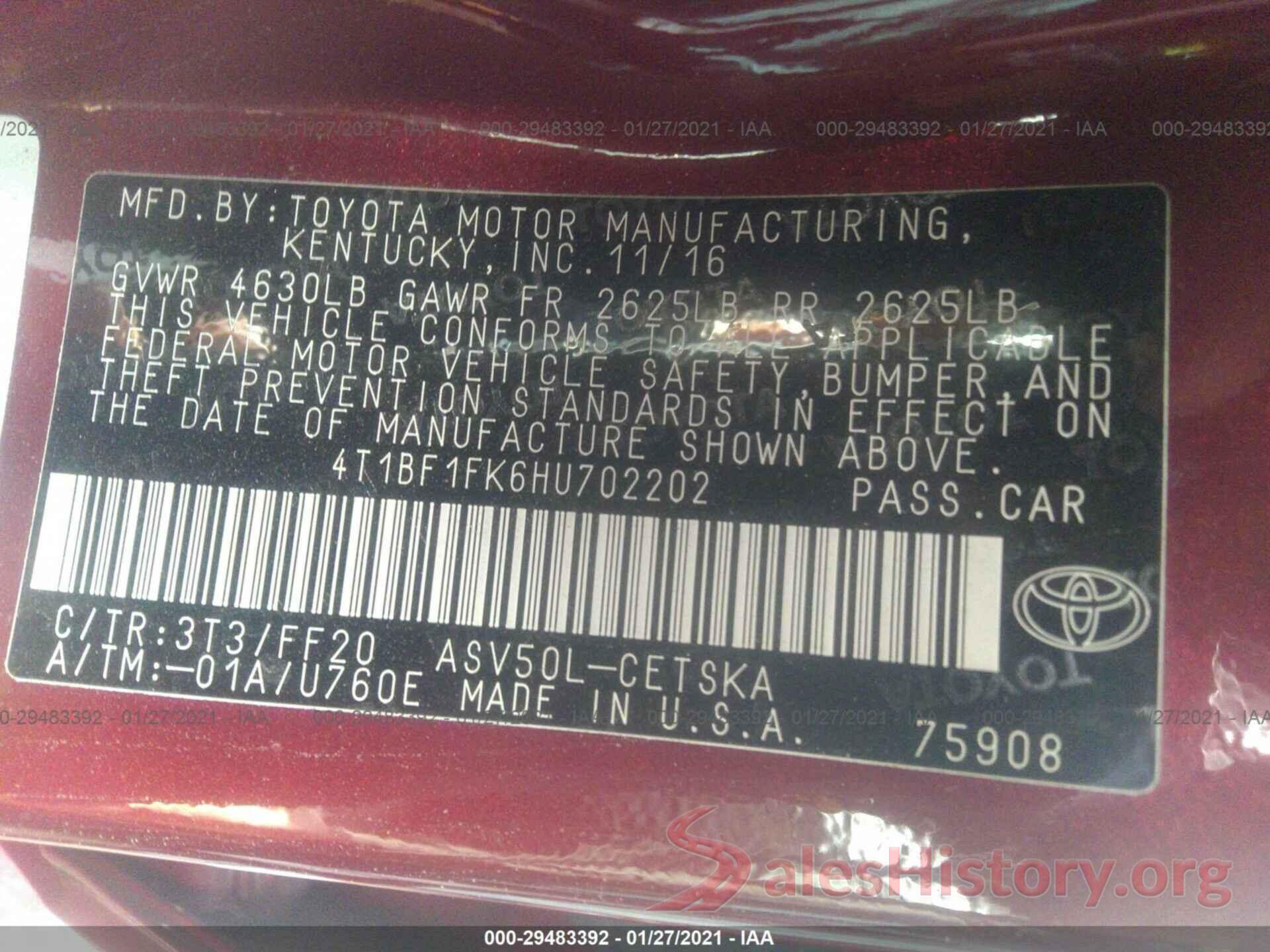 4T1BF1FK6HU702202 2017 TOYOTA CAMRY