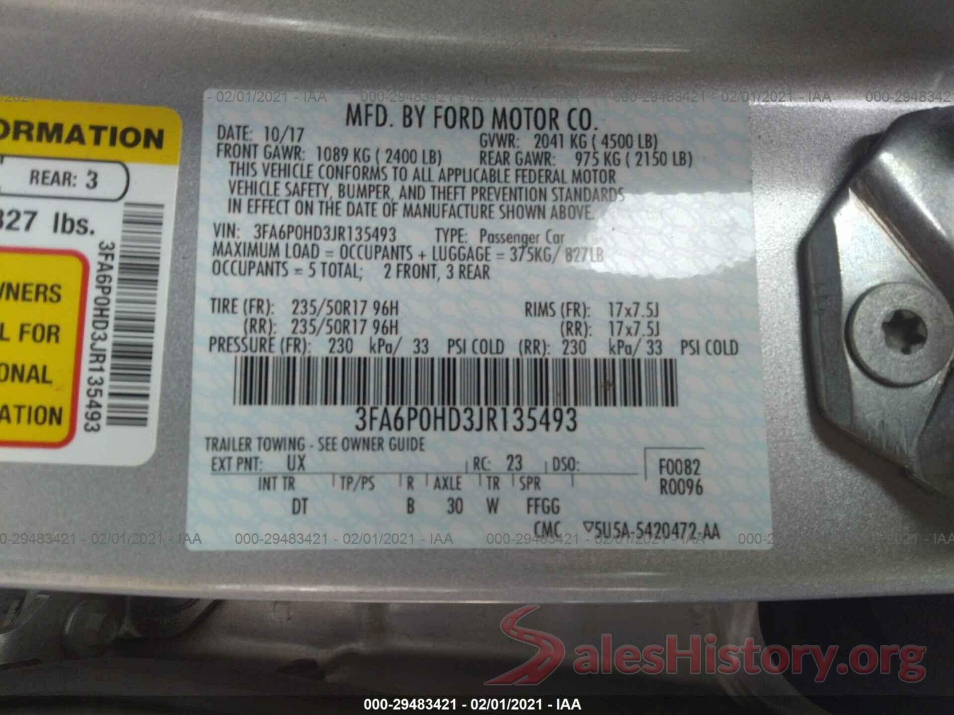 3FA6P0HD3JR135493 2018 FORD FUSION