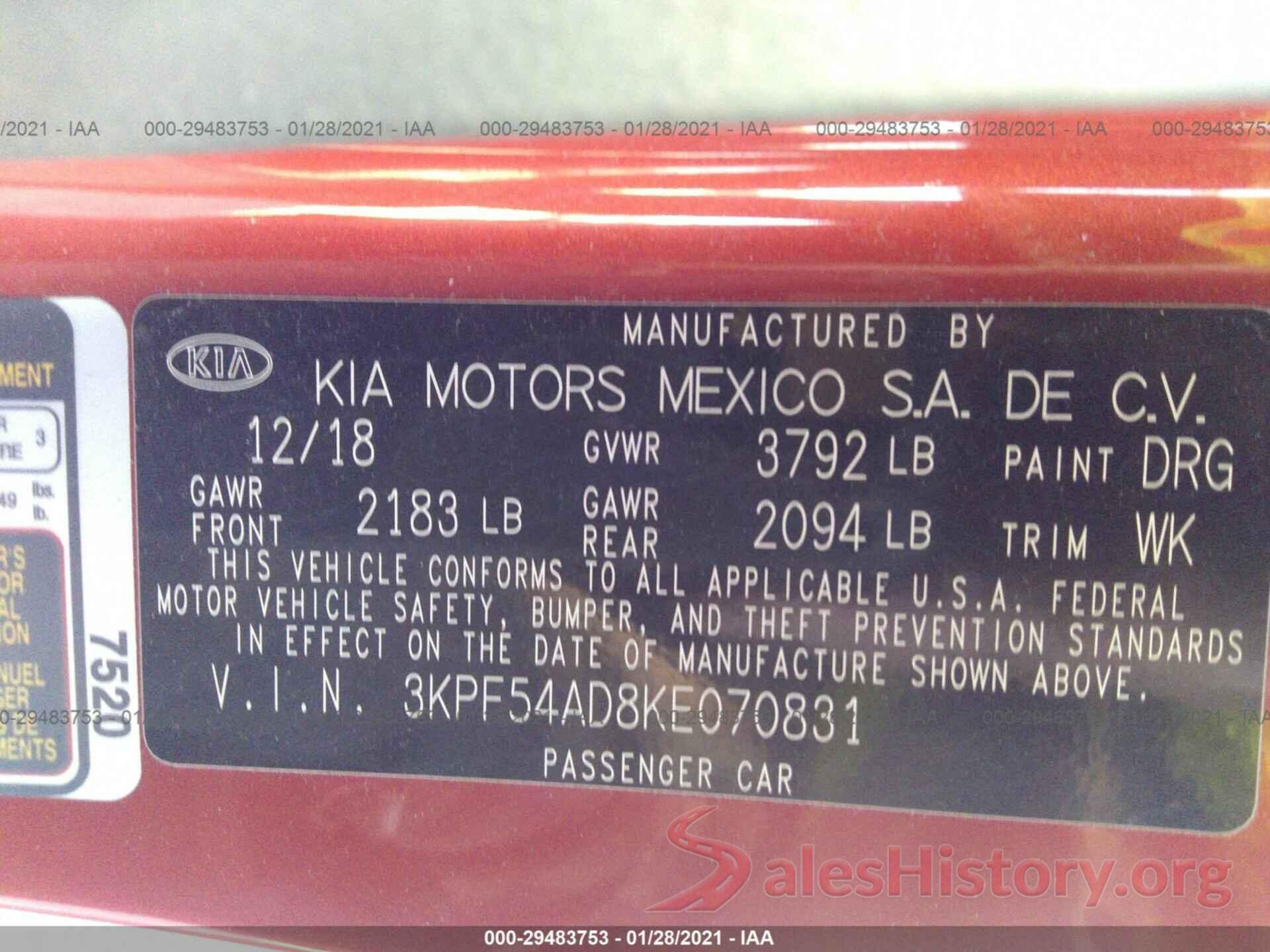 3KPF54AD8KE070831 2019 KIA FORTE