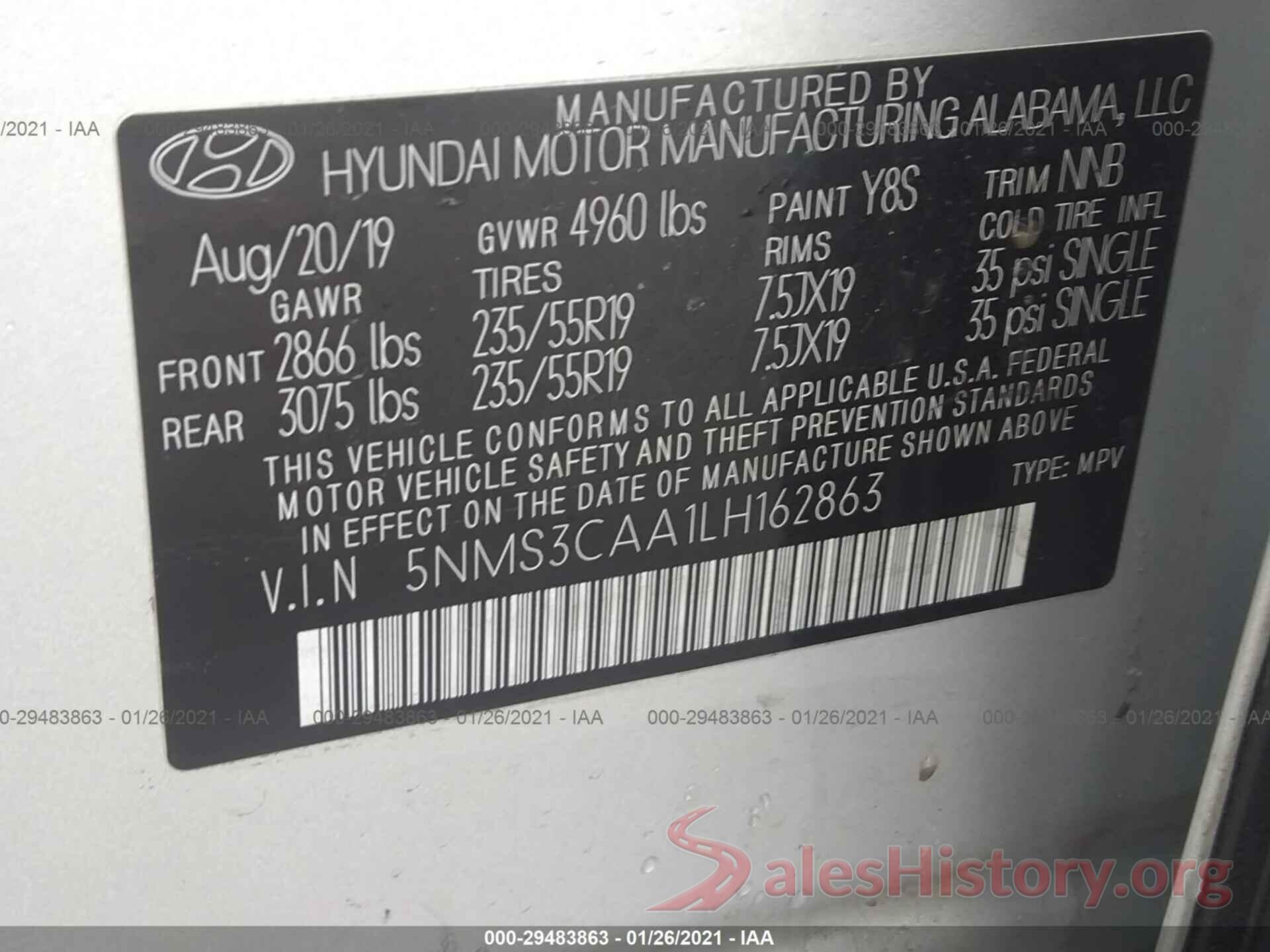 5NMS3CAA1LH162863 2020 HYUNDAI SANTA FE