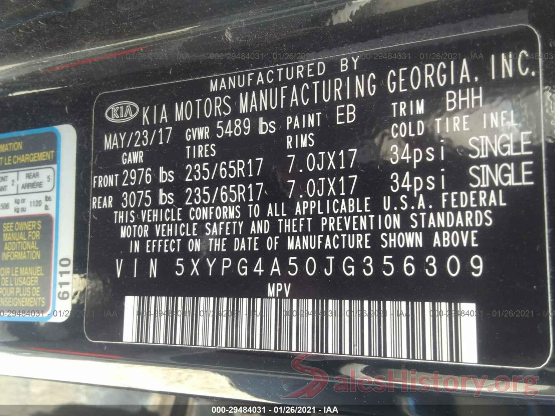 5XYPG4A50JG356309 2018 KIA SORENTO