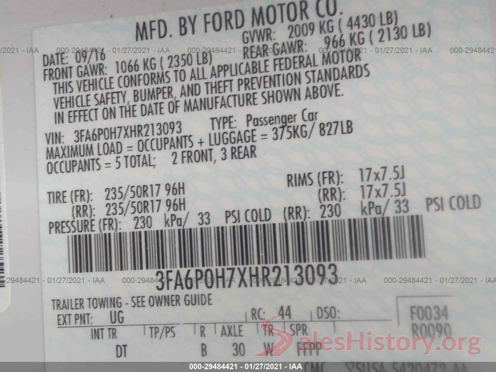 3FA6P0H7XHR213093 2017 FORD FUSION