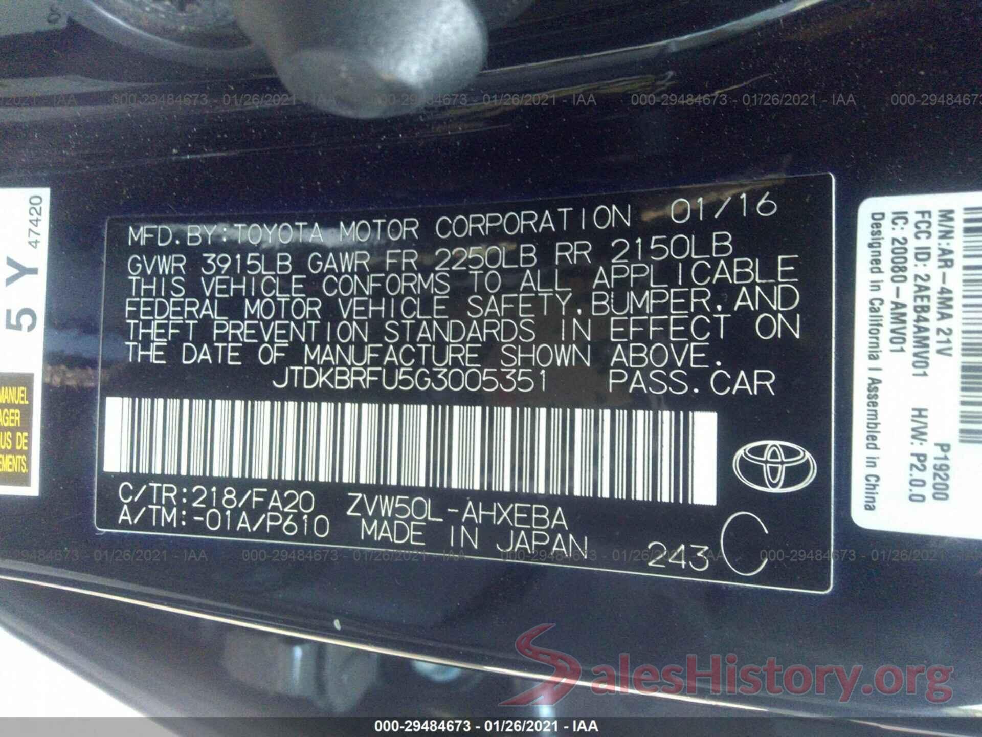 JTDKBRFU5G3005351 2016 TOYOTA PRIUS