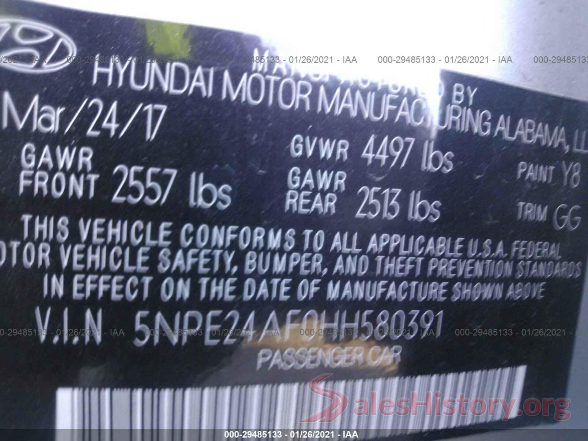 5NPE24AF0HH580391 2017 HYUNDAI SONATA