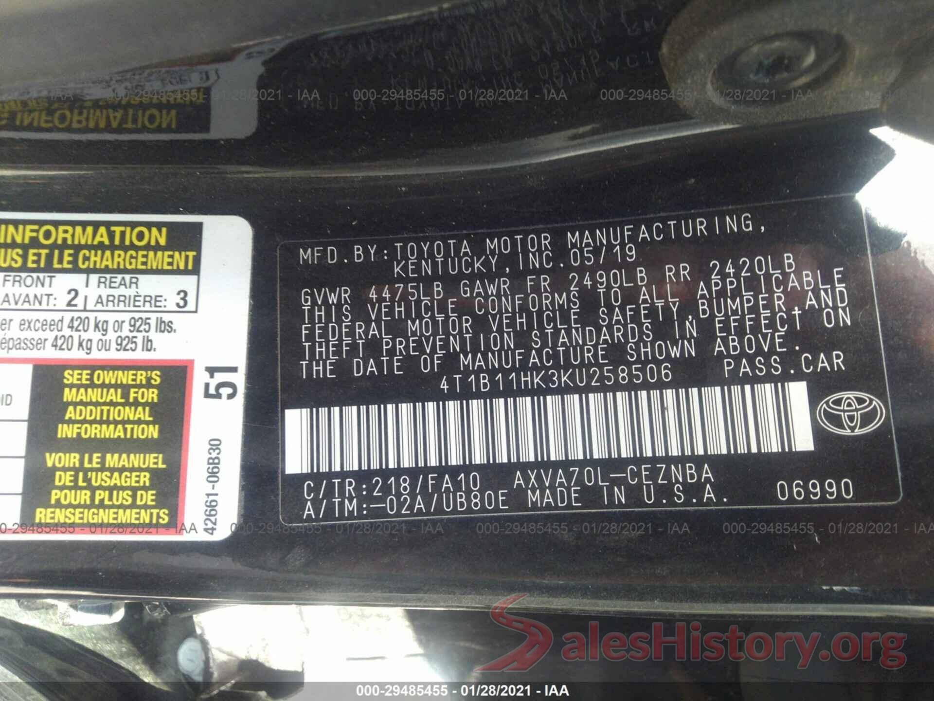 4T1B11HK3KU258506 2019 TOYOTA CAMRY