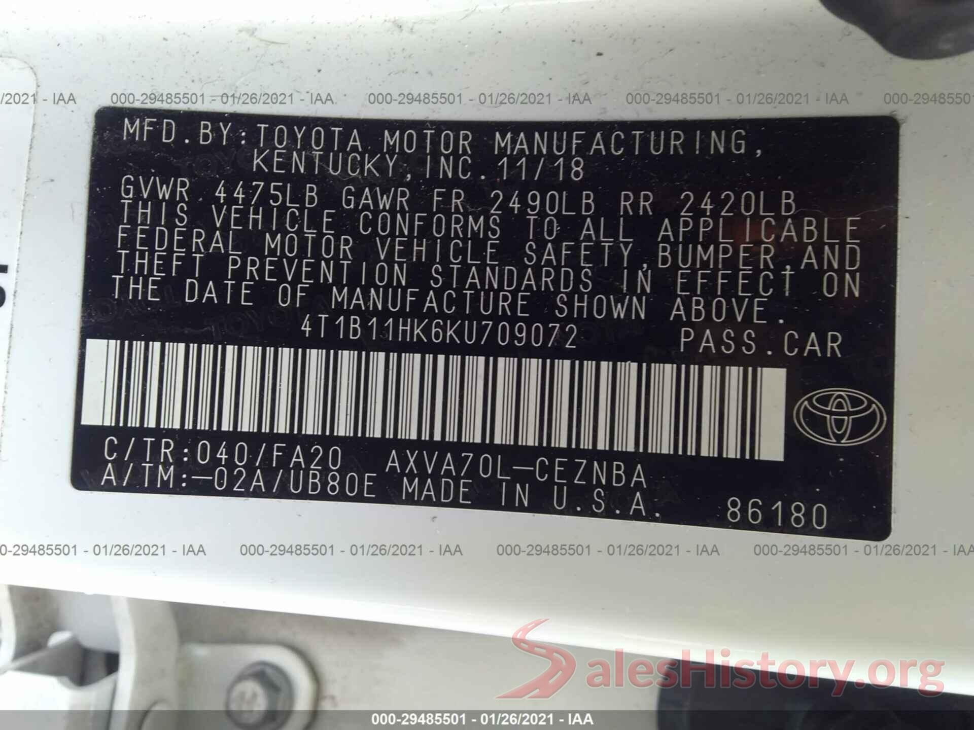 4T1B11HK6KU709072 2019 TOYOTA CAMRY