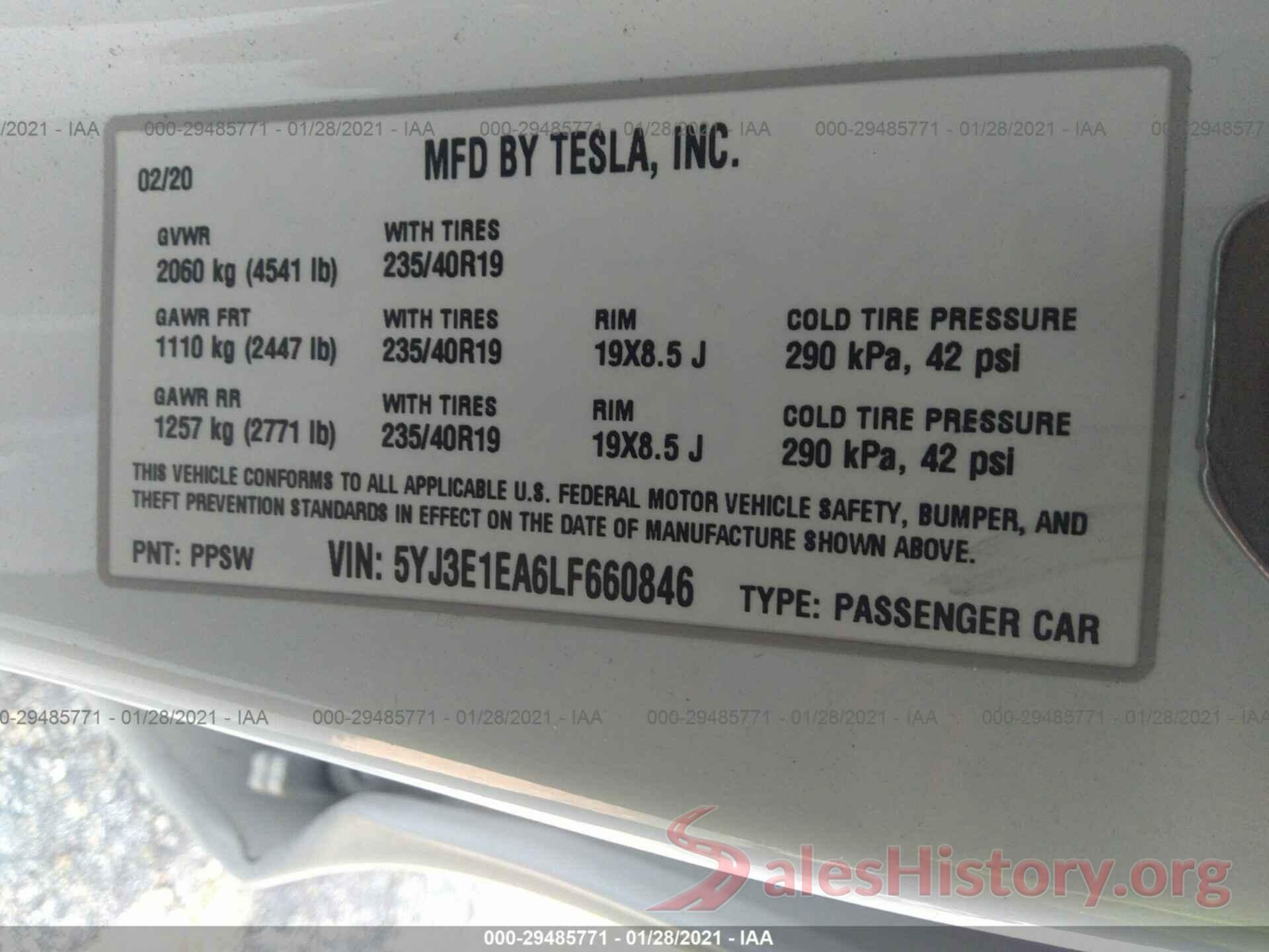 5YJ3E1EA6LF660846 2020 TESLA MODEL 3