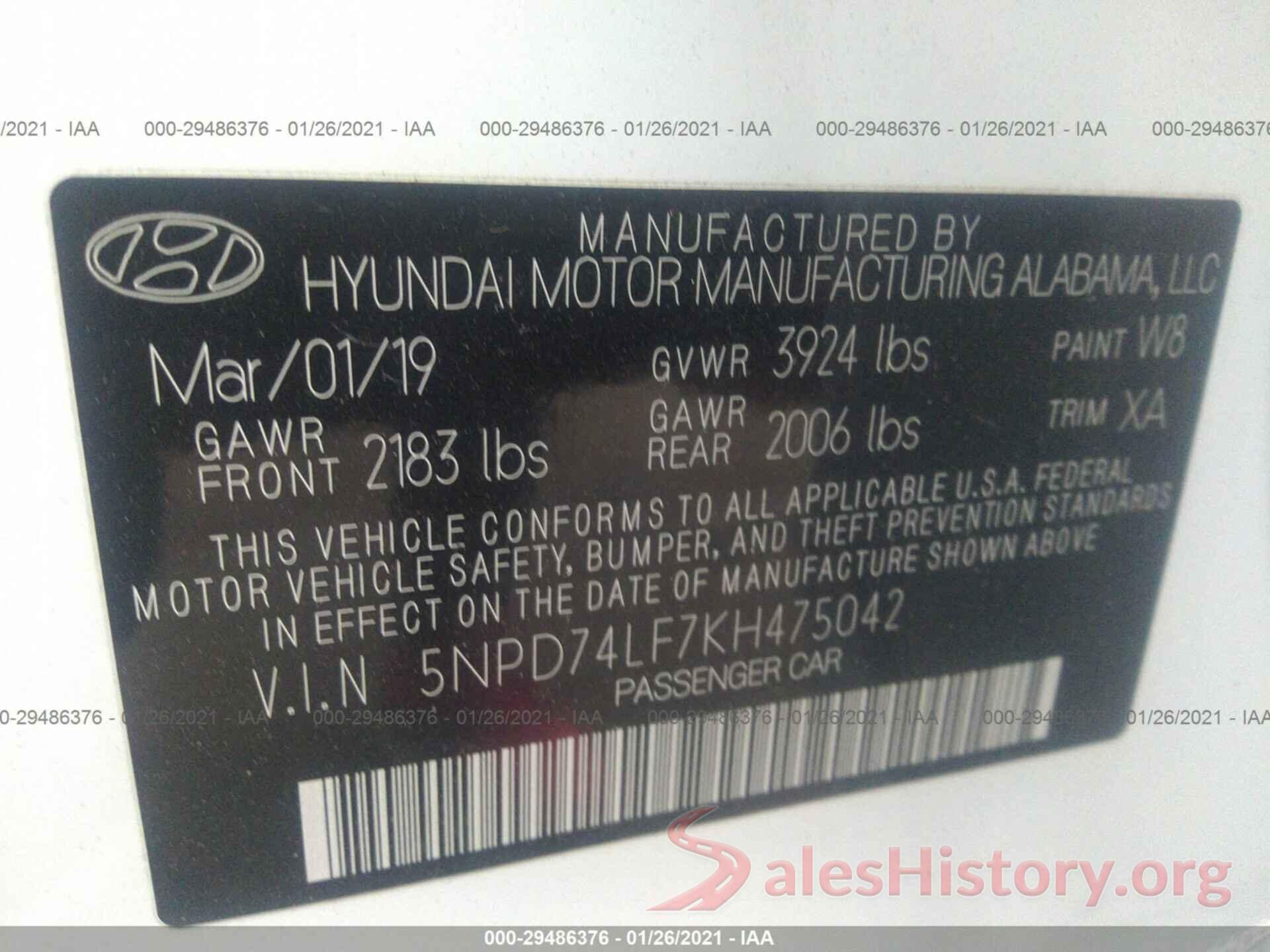 5NPD74LF7KH475042 2019 HYUNDAI ELANTRA