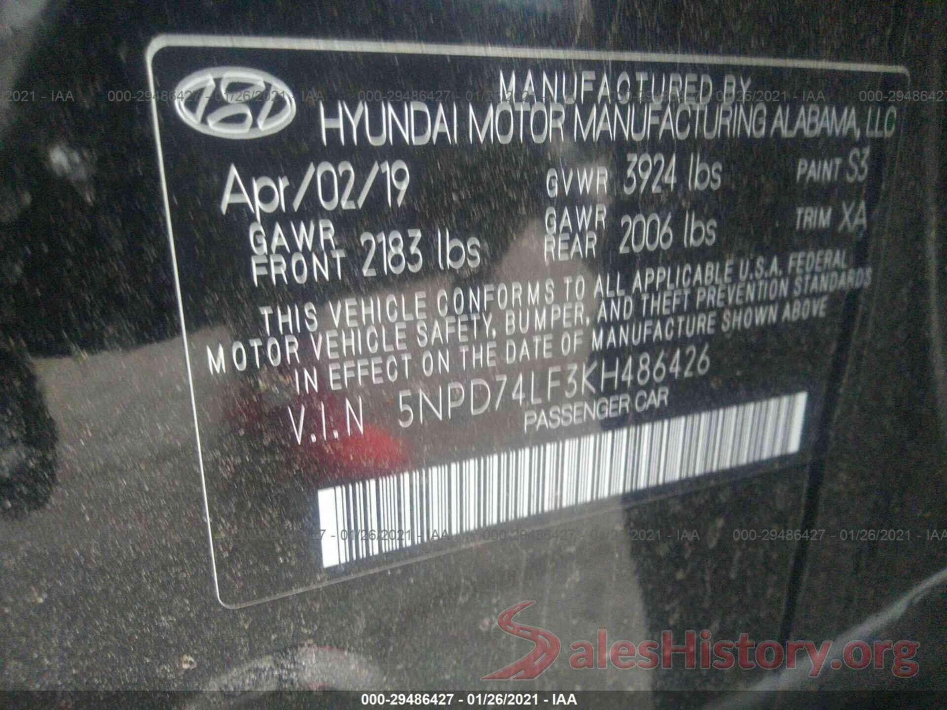 5NPD74LF3KH486426 2019 HYUNDAI ELANTRA