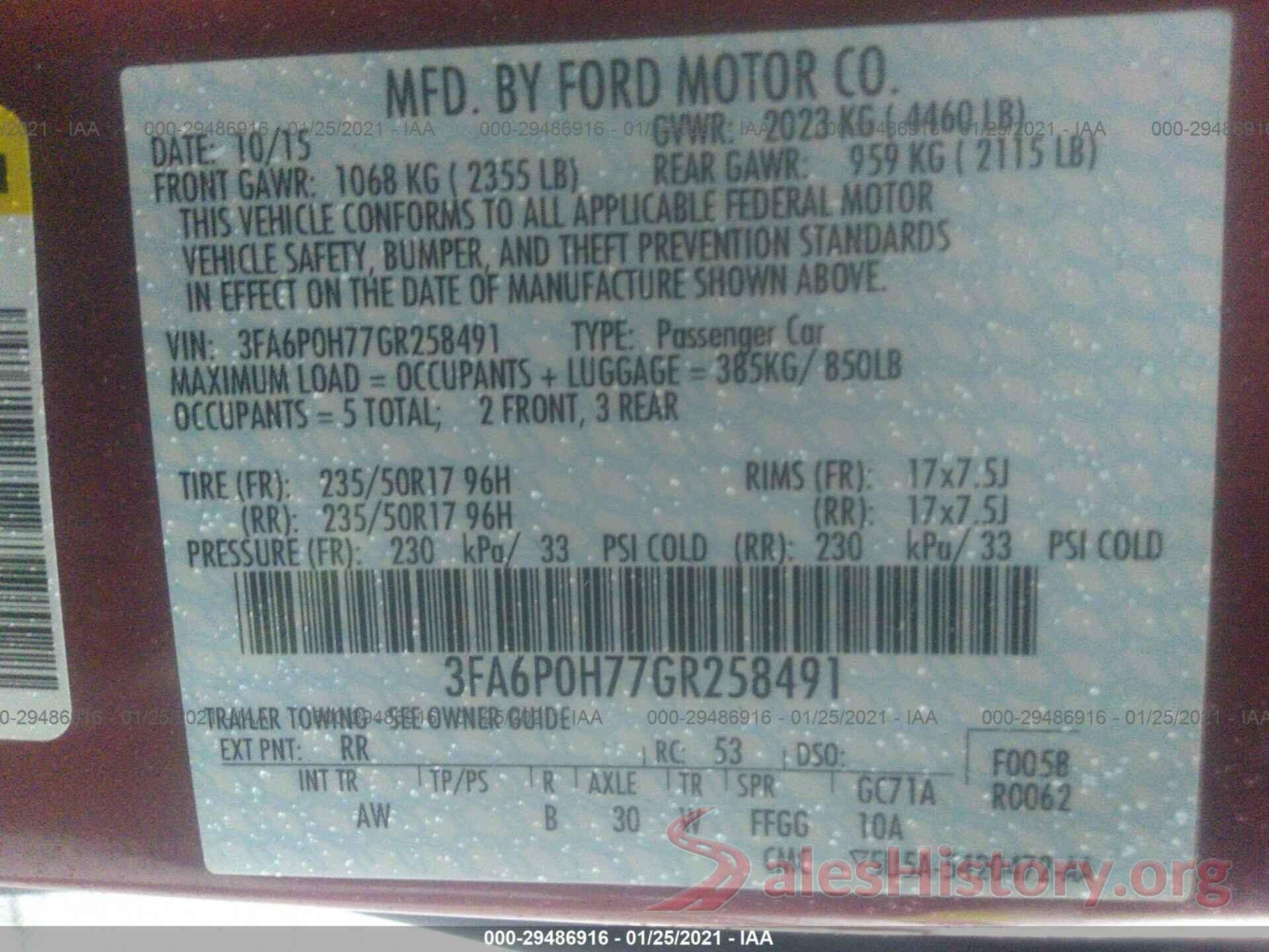 3FA6P0H77GR258491 2016 FORD FUSION