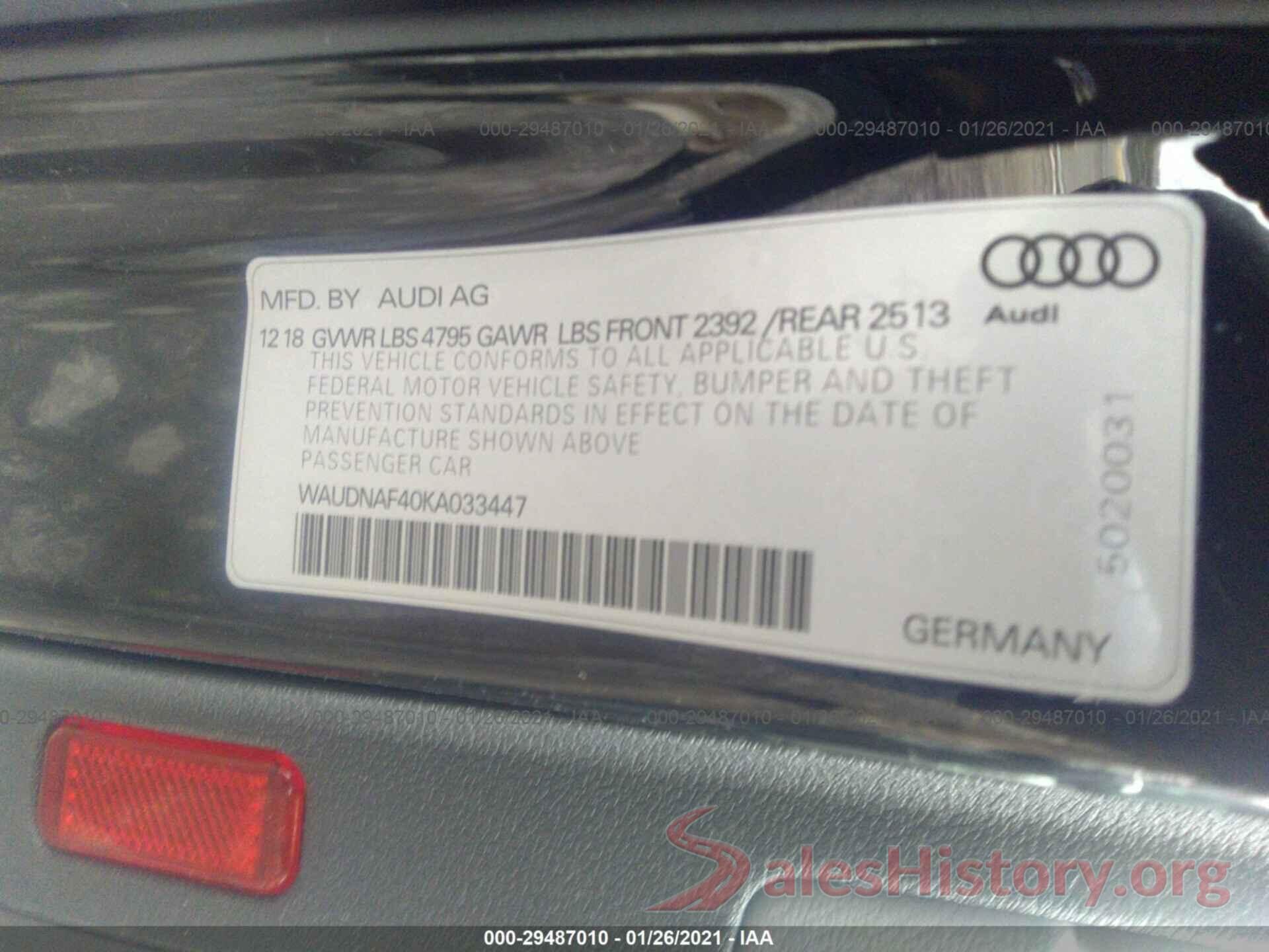 WAUDNAF40KA033447 2019 AUDI A4