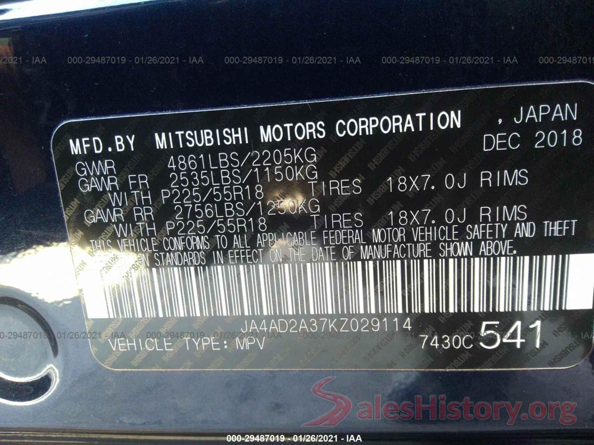 JA4AD2A37KZ029114 2019 MITSUBISHI OUTLANDER