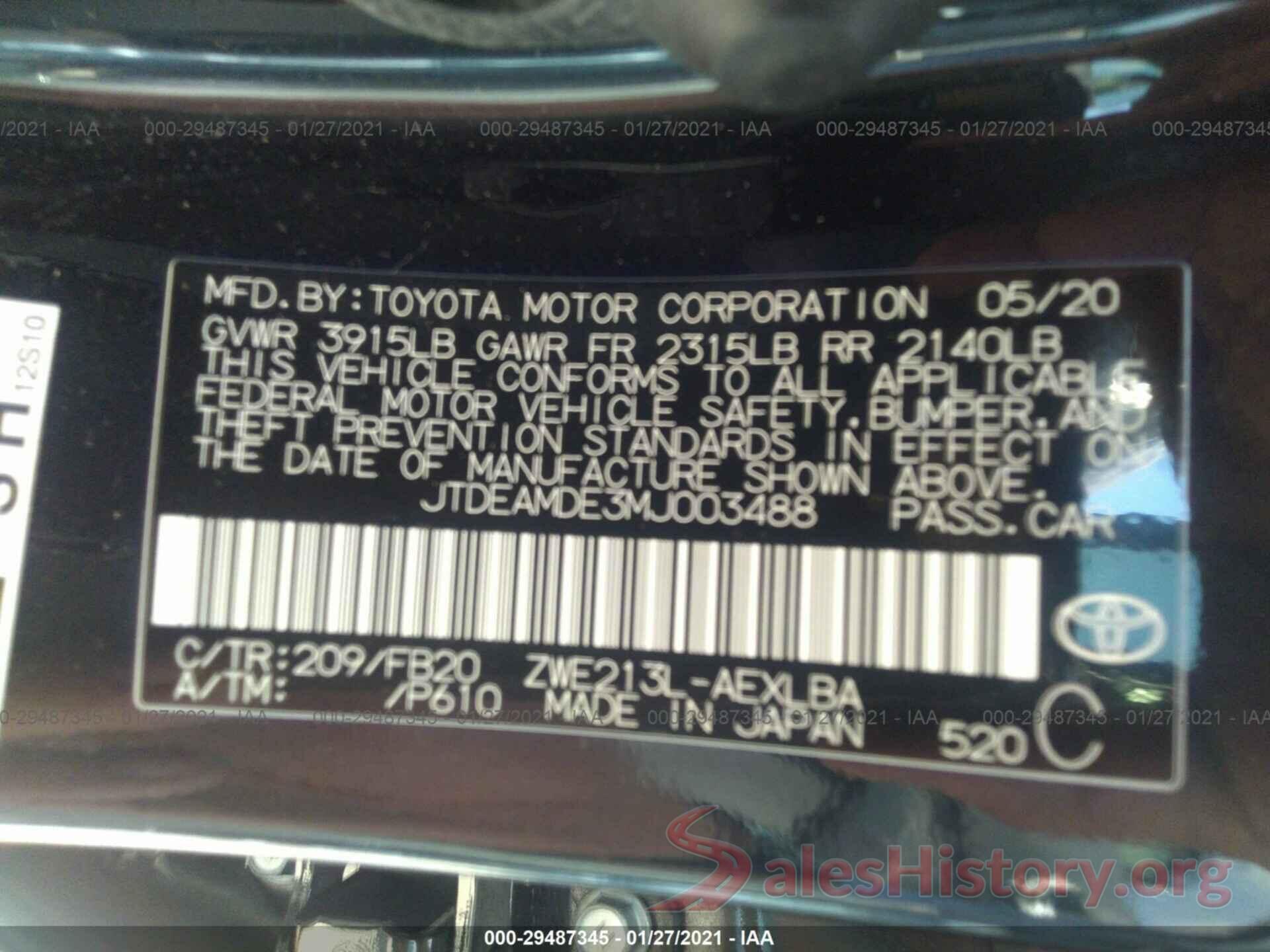 JTDEAMDE3MJ003488 2021 TOYOTA COROLLA