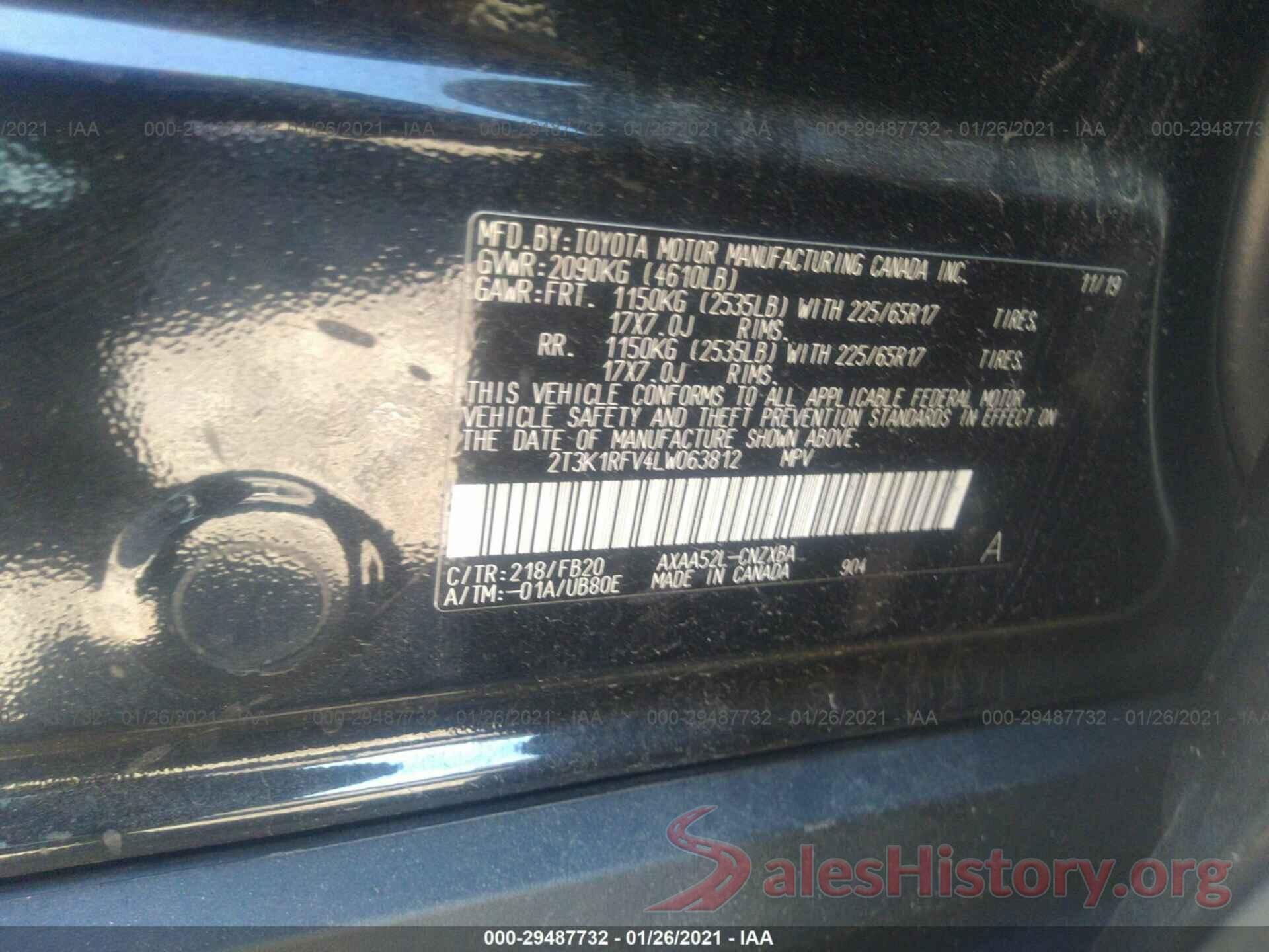 2T3K1RFV4LW063812 2020 TOYOTA RAV4