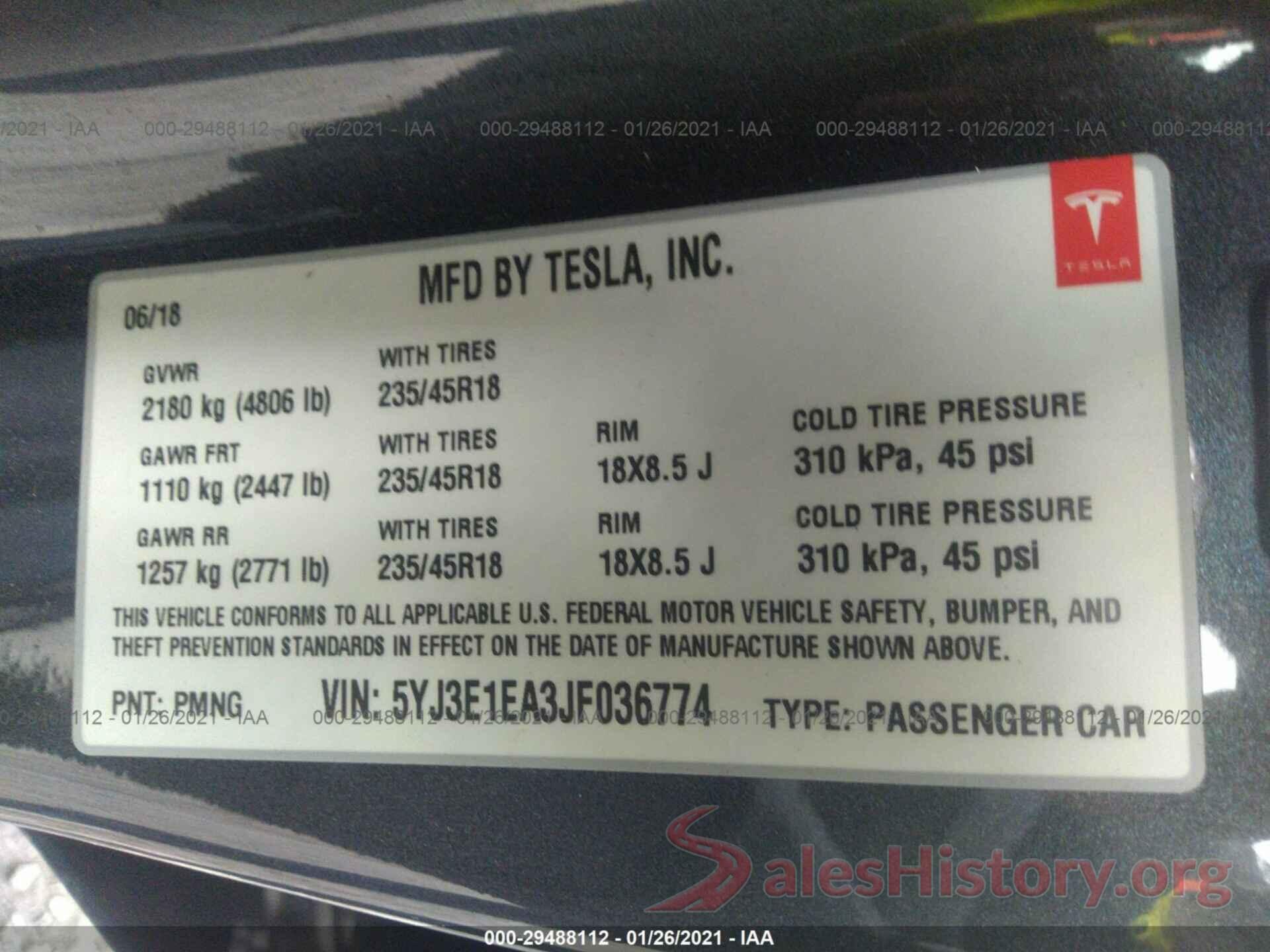 5YJ3E1EA3JF036774 2018 TESLA MODEL 3