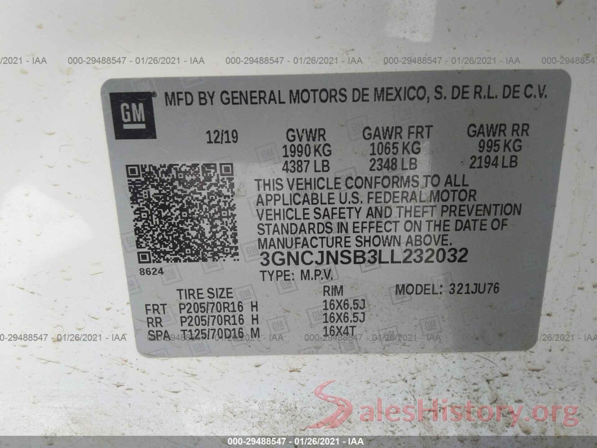 3GNCJNSB3LL232032 2020 CHEVROLET TRAX