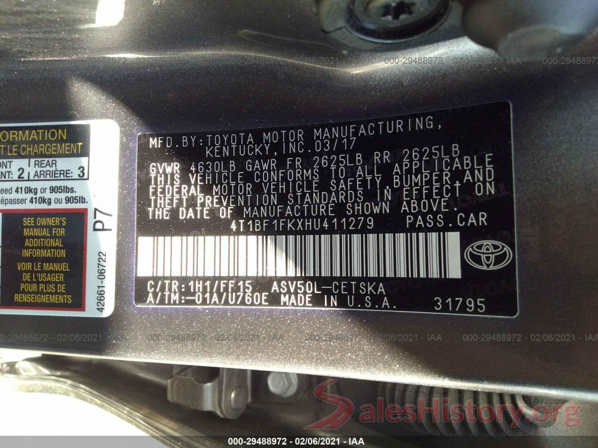 4T1BF1FKXHU411279 2017 TOYOTA CAMRY