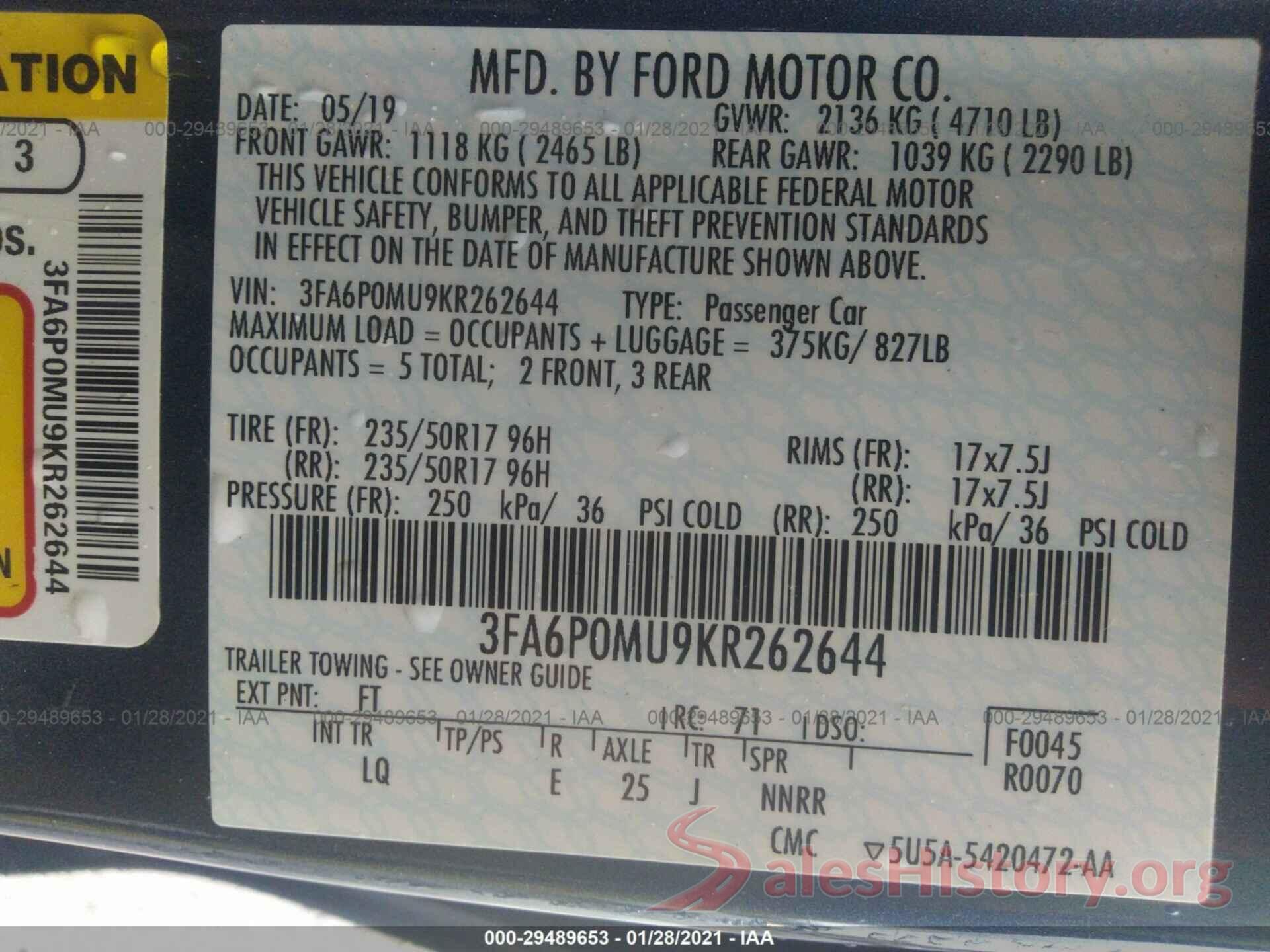 3FA6P0MU9KR262644 2019 FORD FUSION HYBRID