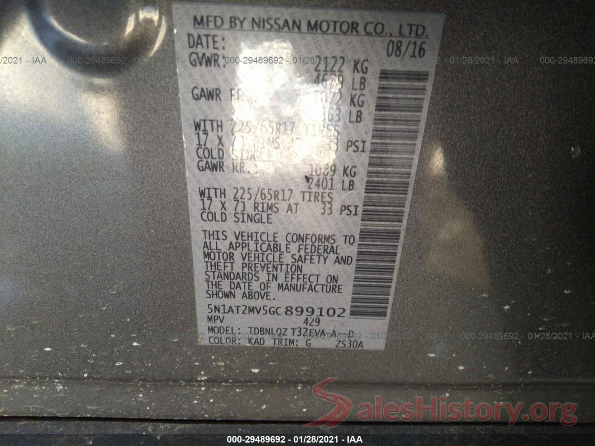 5N1AT2MV5GC899102 2016 NISSAN ROGUE