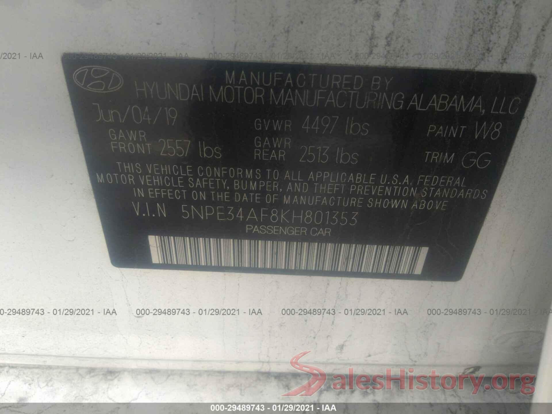 5NPE34AF8KH801353 2019 HYUNDAI SONATA