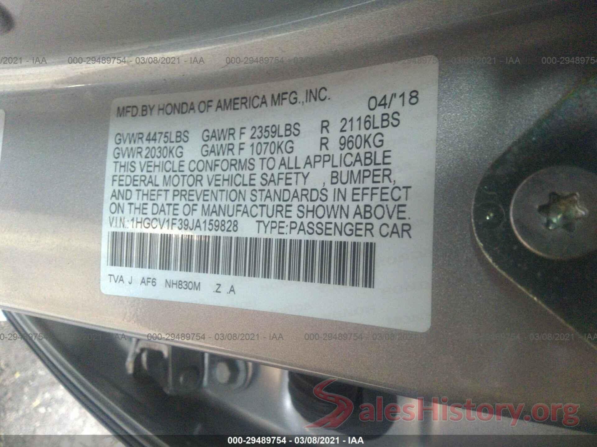 1HGCV1F39JA159828 2018 HONDA ACCORD SEDAN