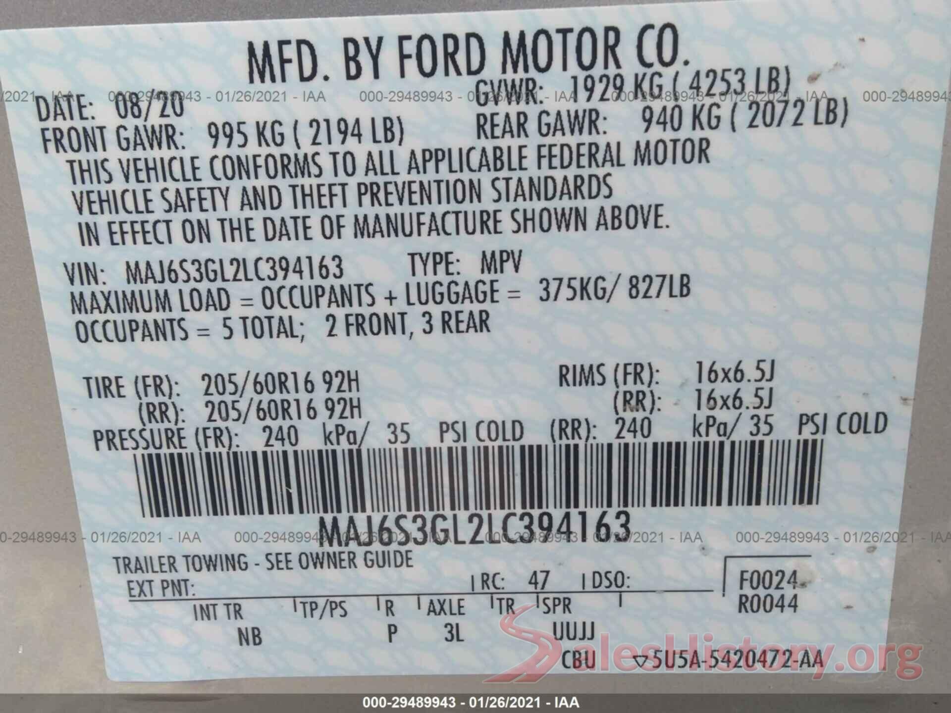 MAJ6S3GL2LC394163 2020 FORD ECOSPORT