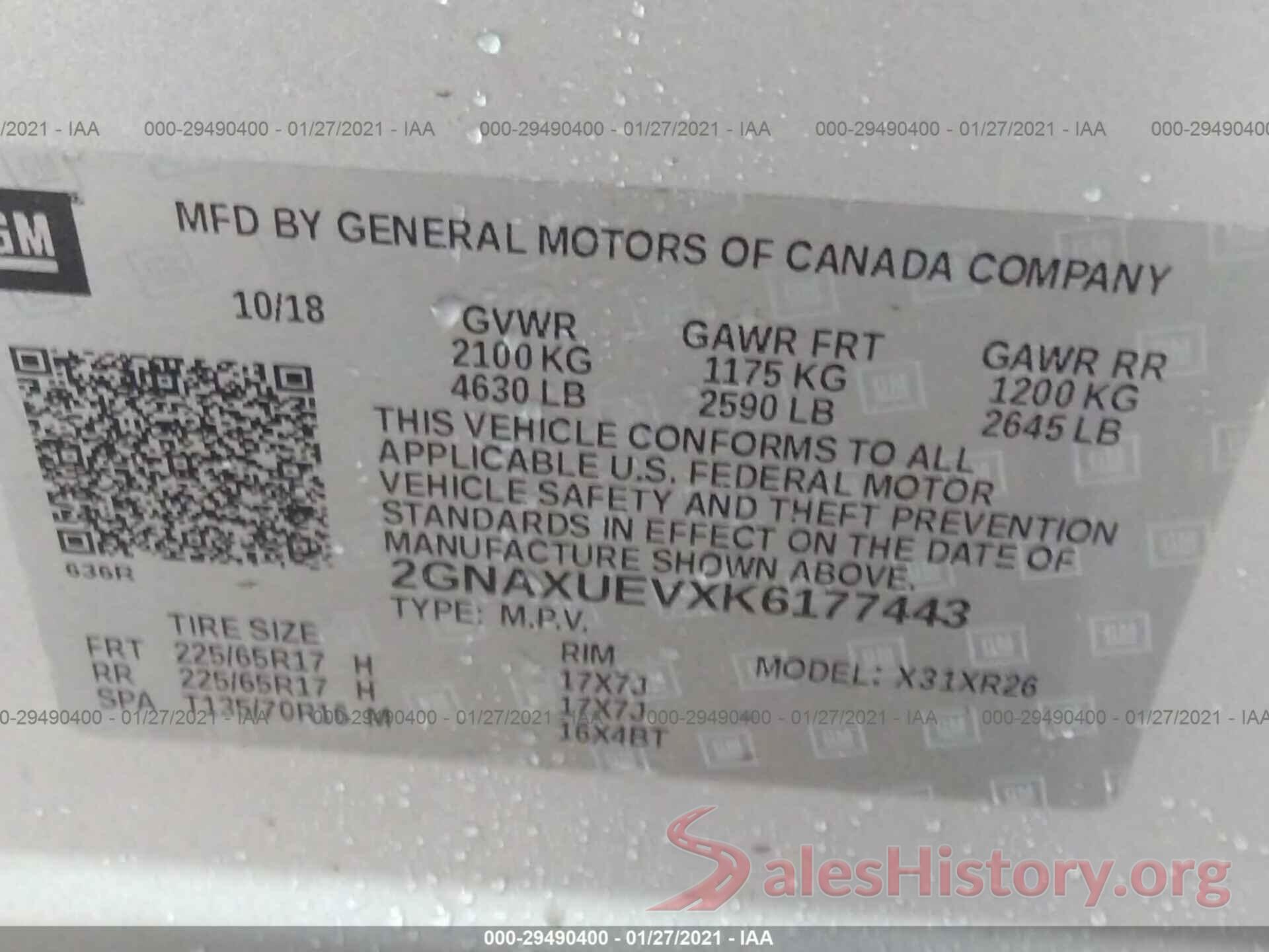 2GNAXUEVXK6177443 2019 CHEVROLET EQUINOX