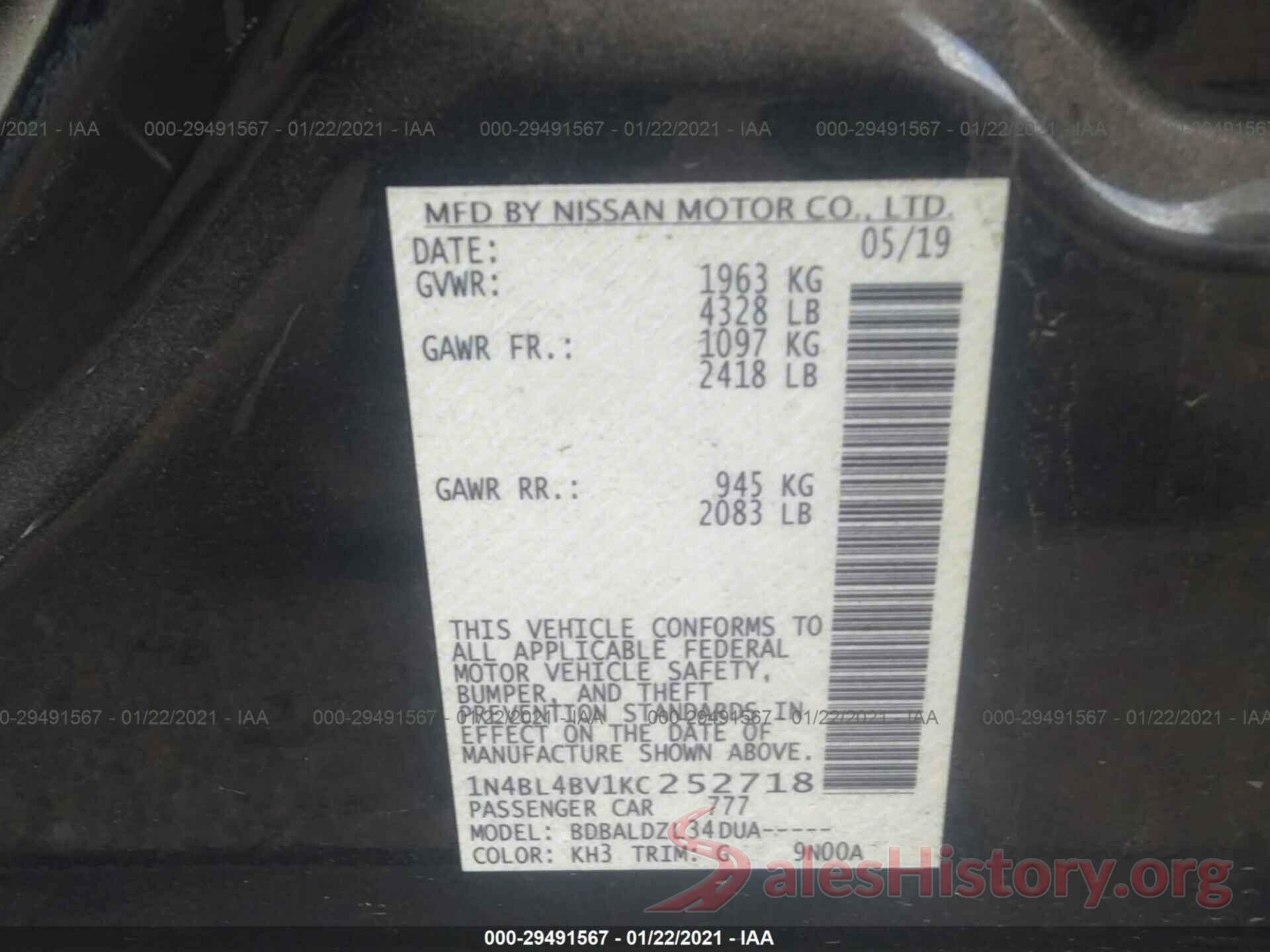 1N4BL4BV1KC252718 2019 NISSAN ALTIMA