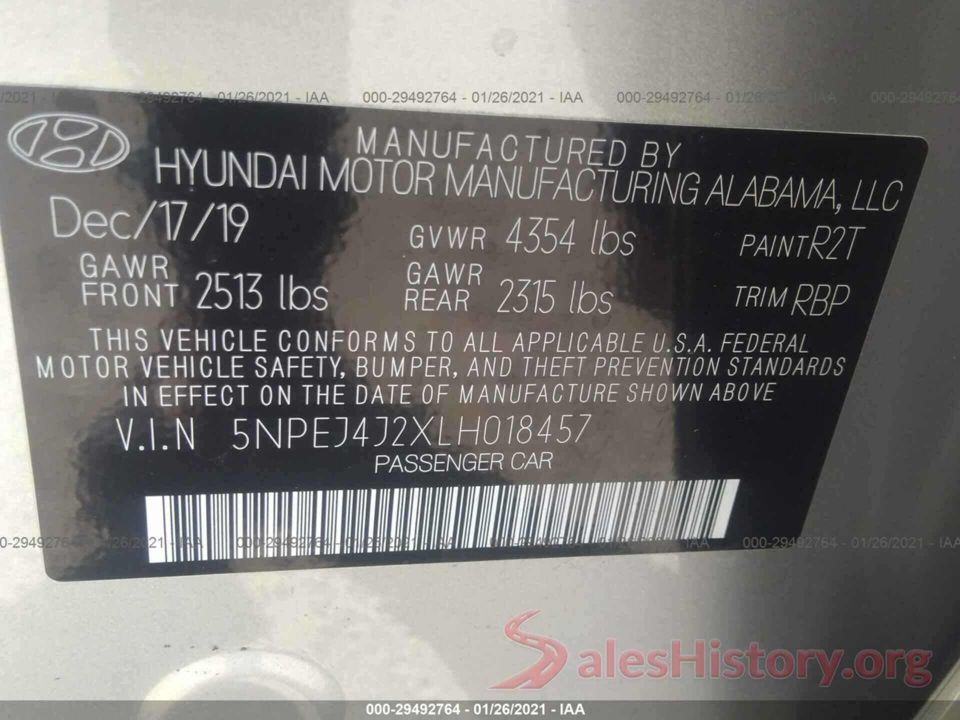 5NPEJ4J2XLH018457 2020 HYUNDAI SONATA