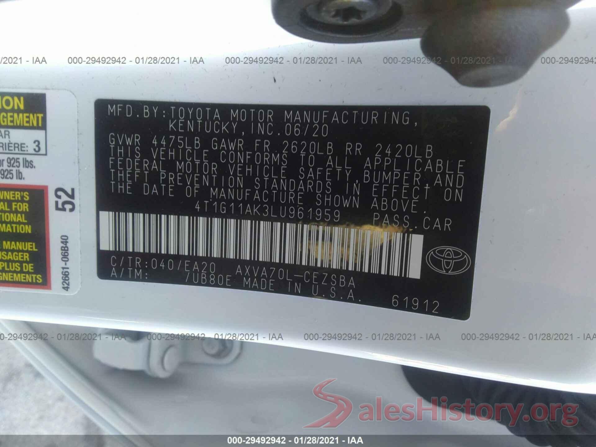 4T1G11AK3LU961959 2020 TOYOTA CAMRY