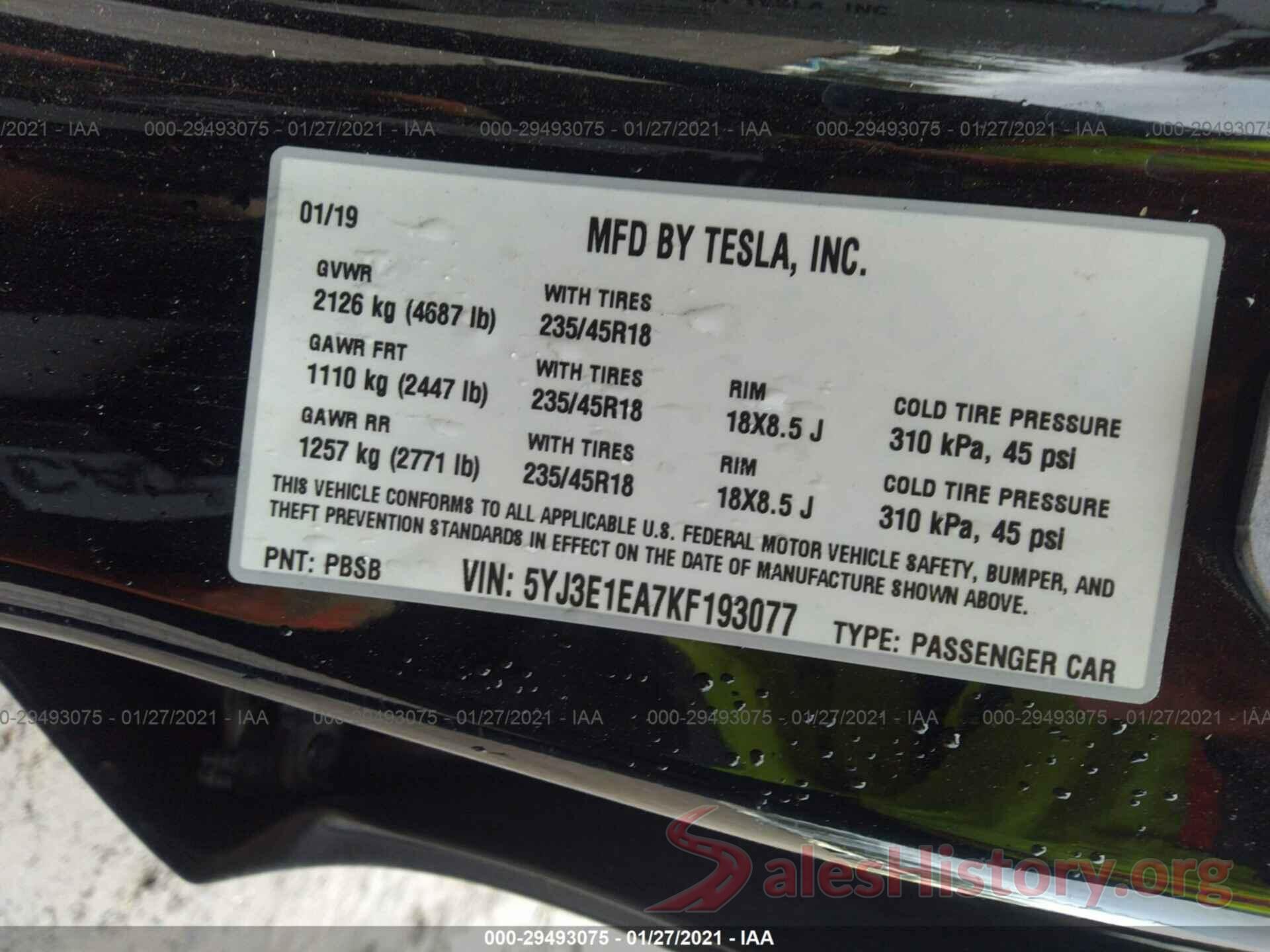 5YJ3E1EA7KF193077 2019 TESLA MODEL 3