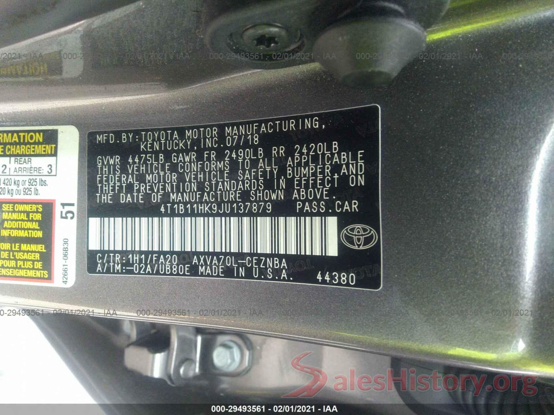 4T1B11HK9JU137879 2018 TOYOTA CAMRY