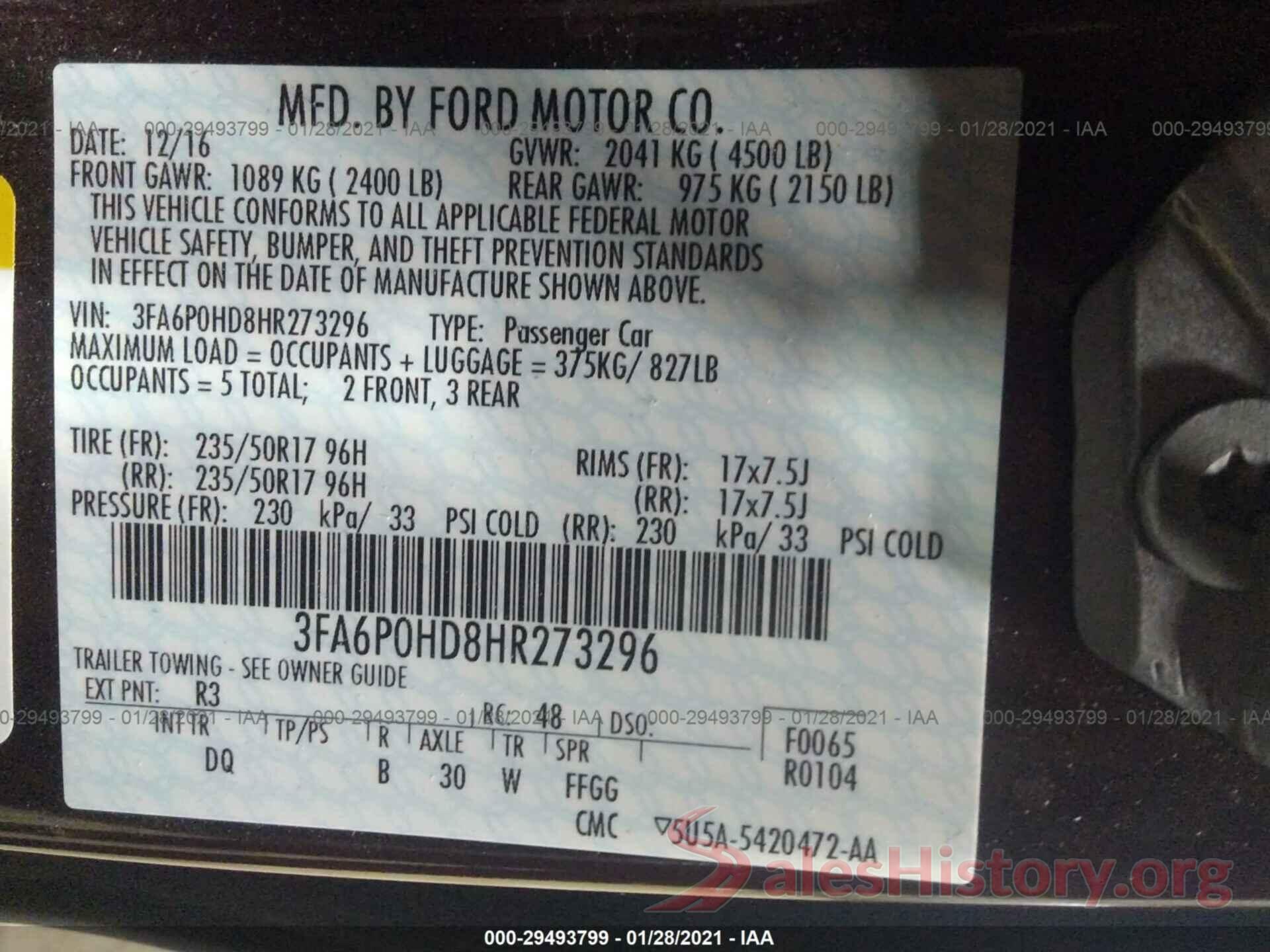 3FA6P0HD8HR273296 2017 FORD FUSION