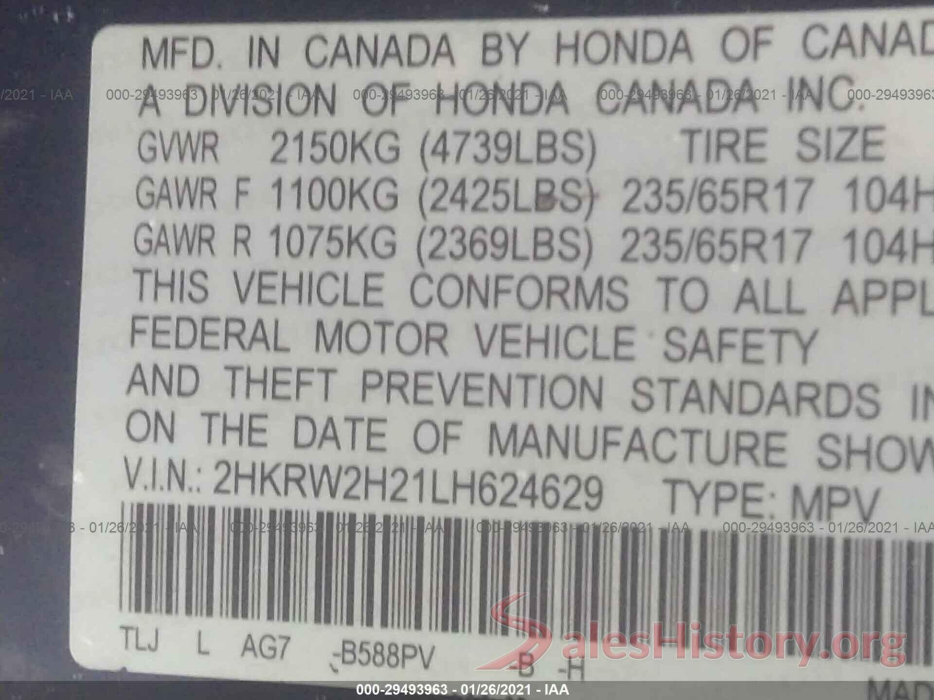 2HKRW2H21LH624629 2020 HONDA CR-V