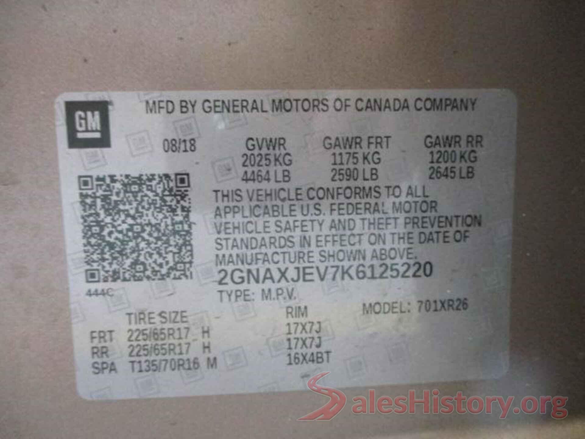 2GNAXJEV7K6125220 2019 CHEVROLET EQUINOX