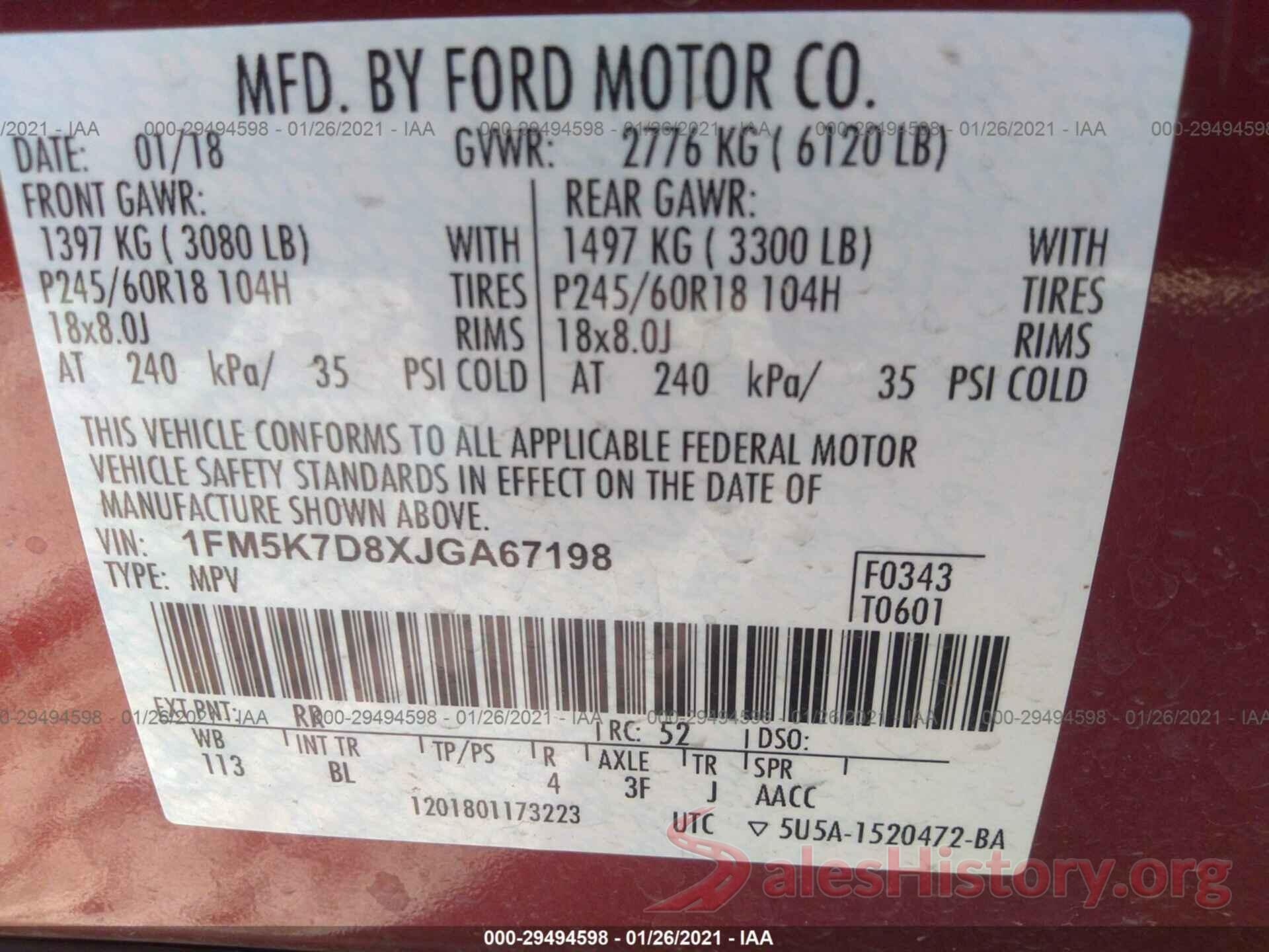 1FM5K7D8XJGA67198 2018 FORD EXPLORER