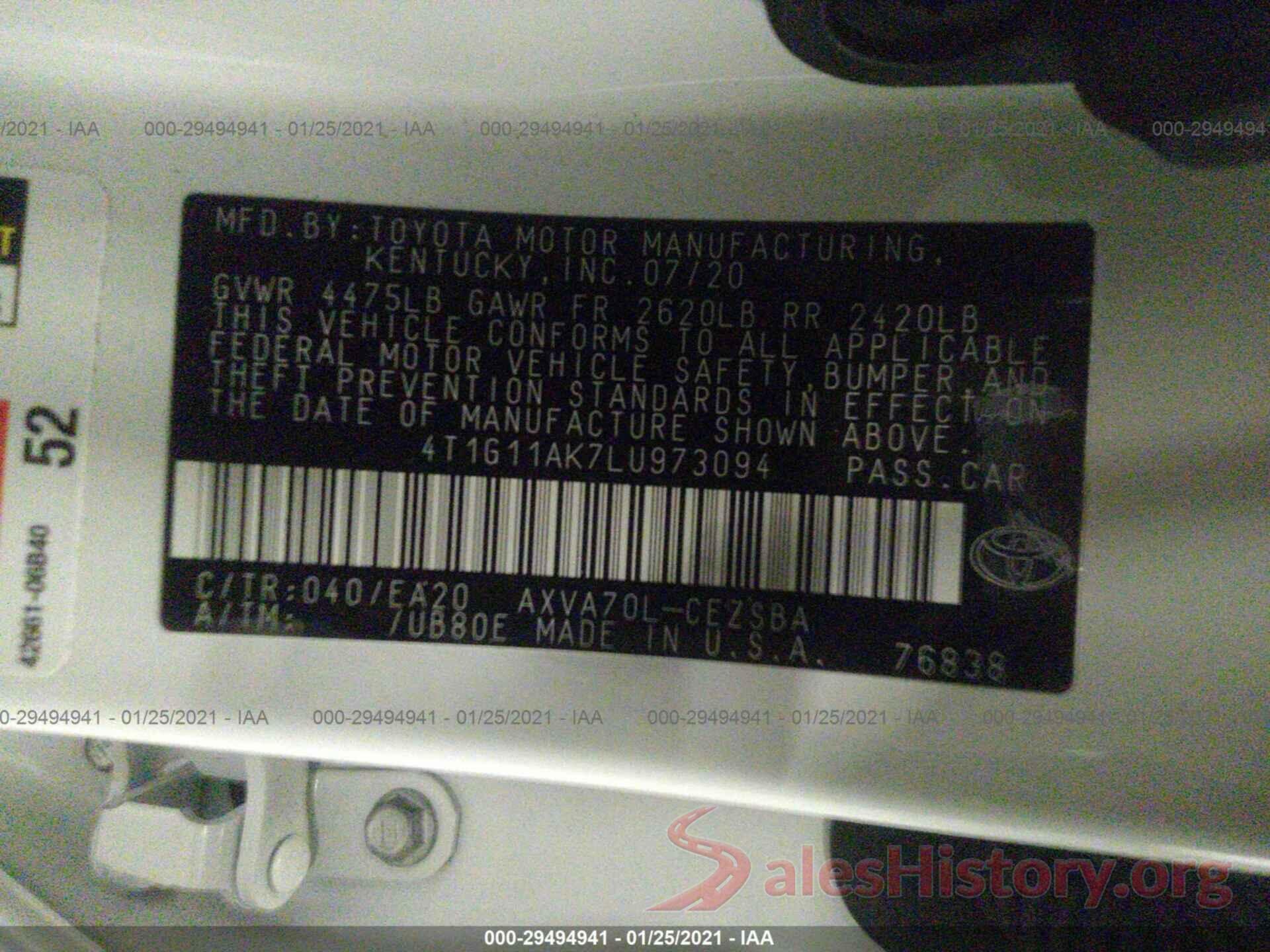 4T1G11AK7LU973094 2020 TOYOTA CAMRY