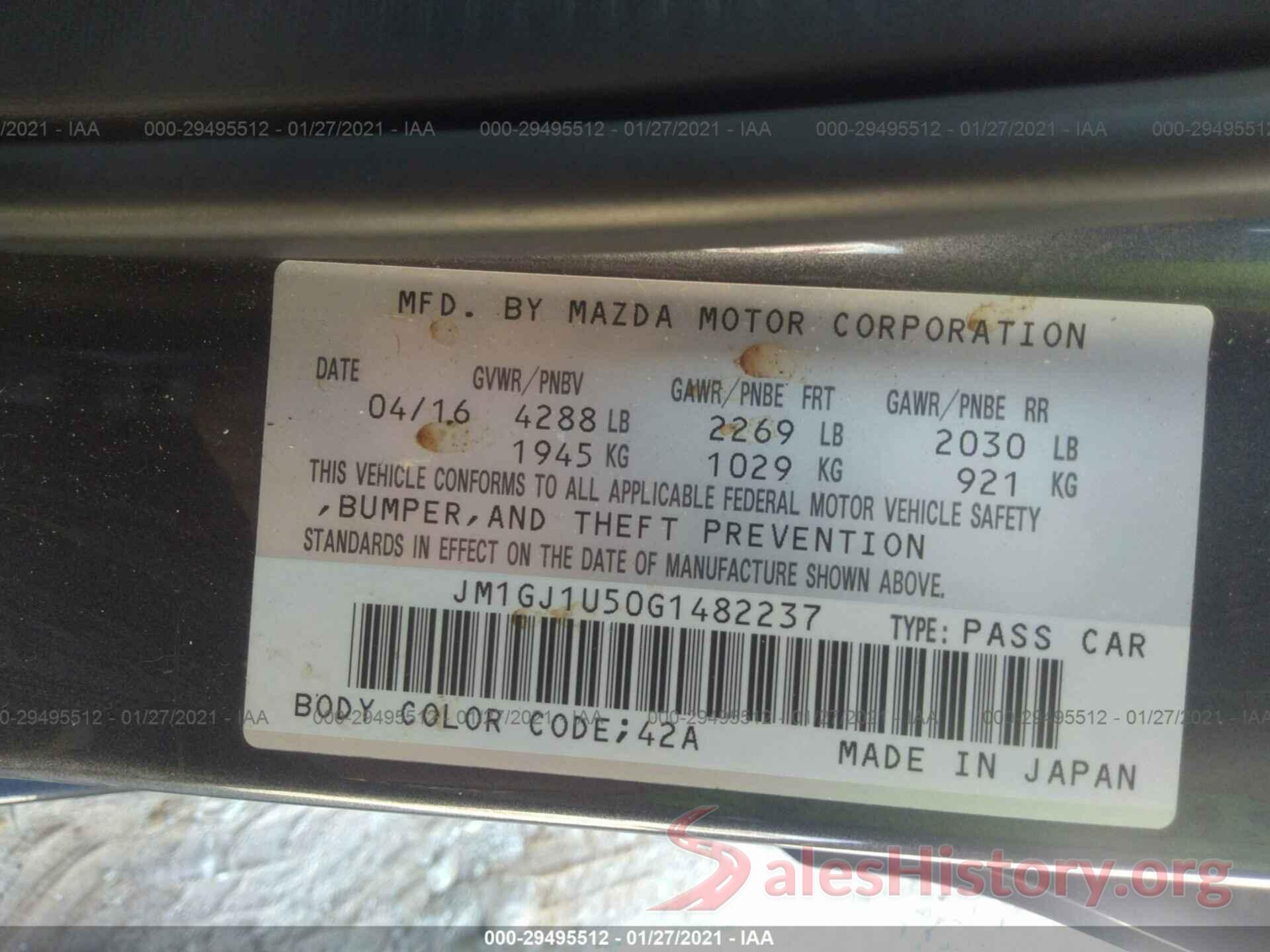 JM1GJ1U50G1482237 2016 MAZDA MAZDA6