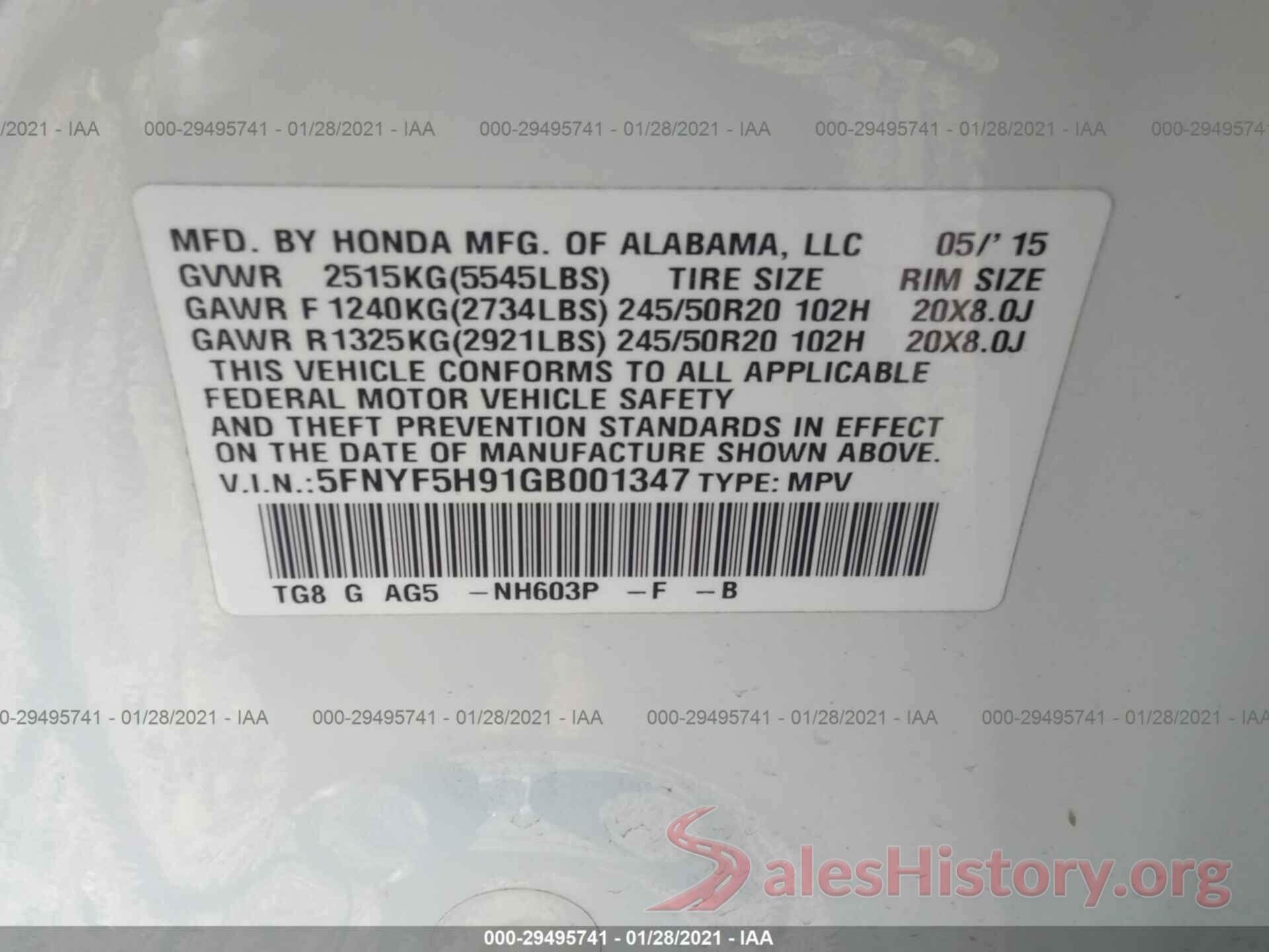 5FNYF5H91GB001347 2016 HONDA PILOT