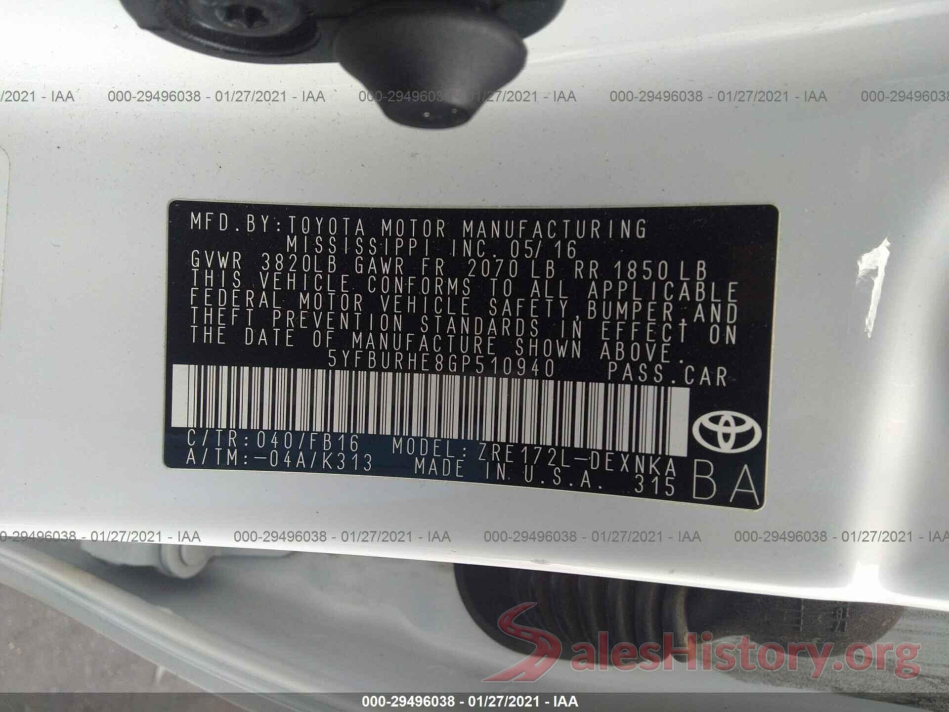 5YFBURHE8GP510940 2016 TOYOTA COROLLA