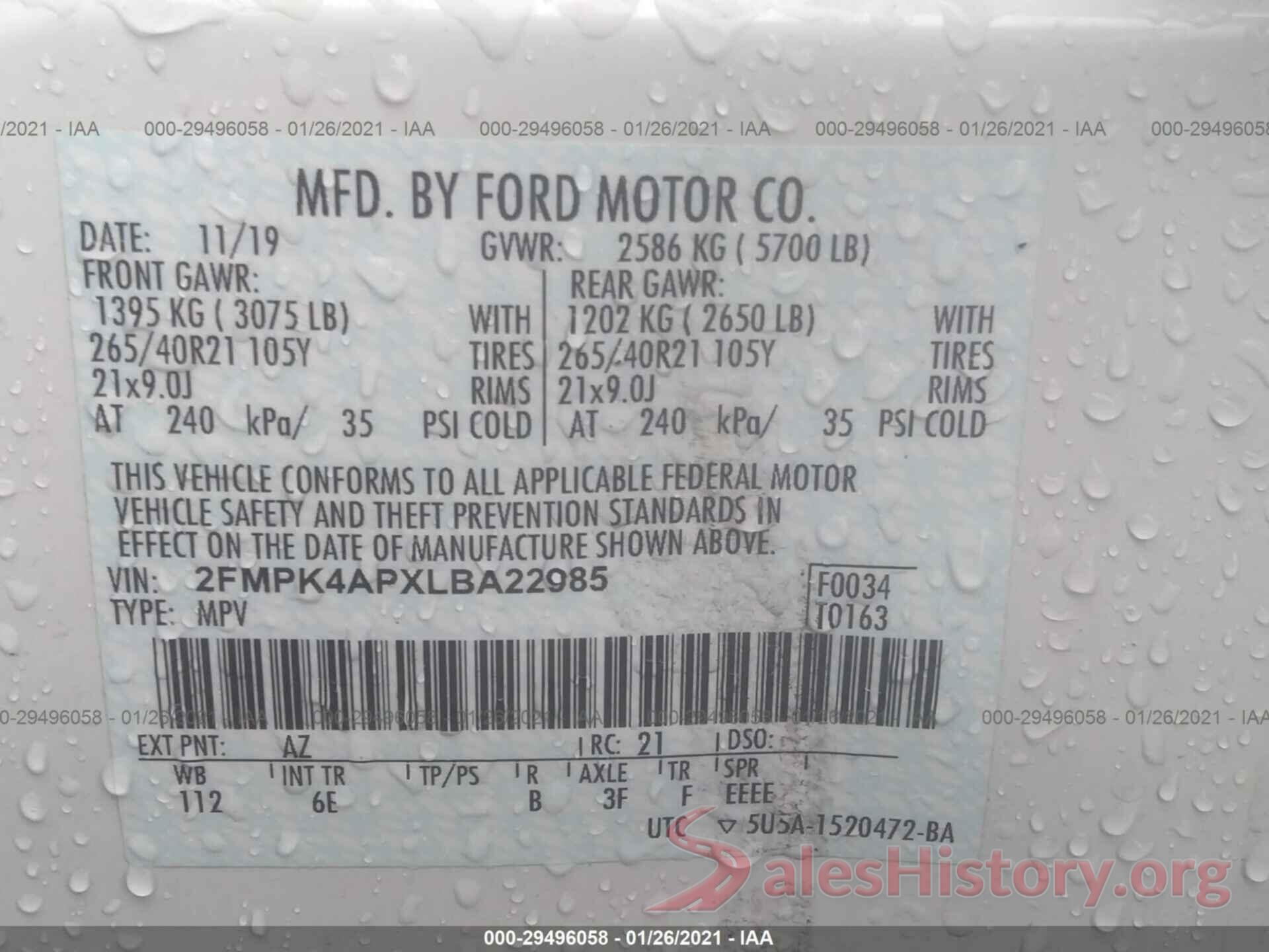 2FMPK4APXLBA22985 2020 FORD EDGE