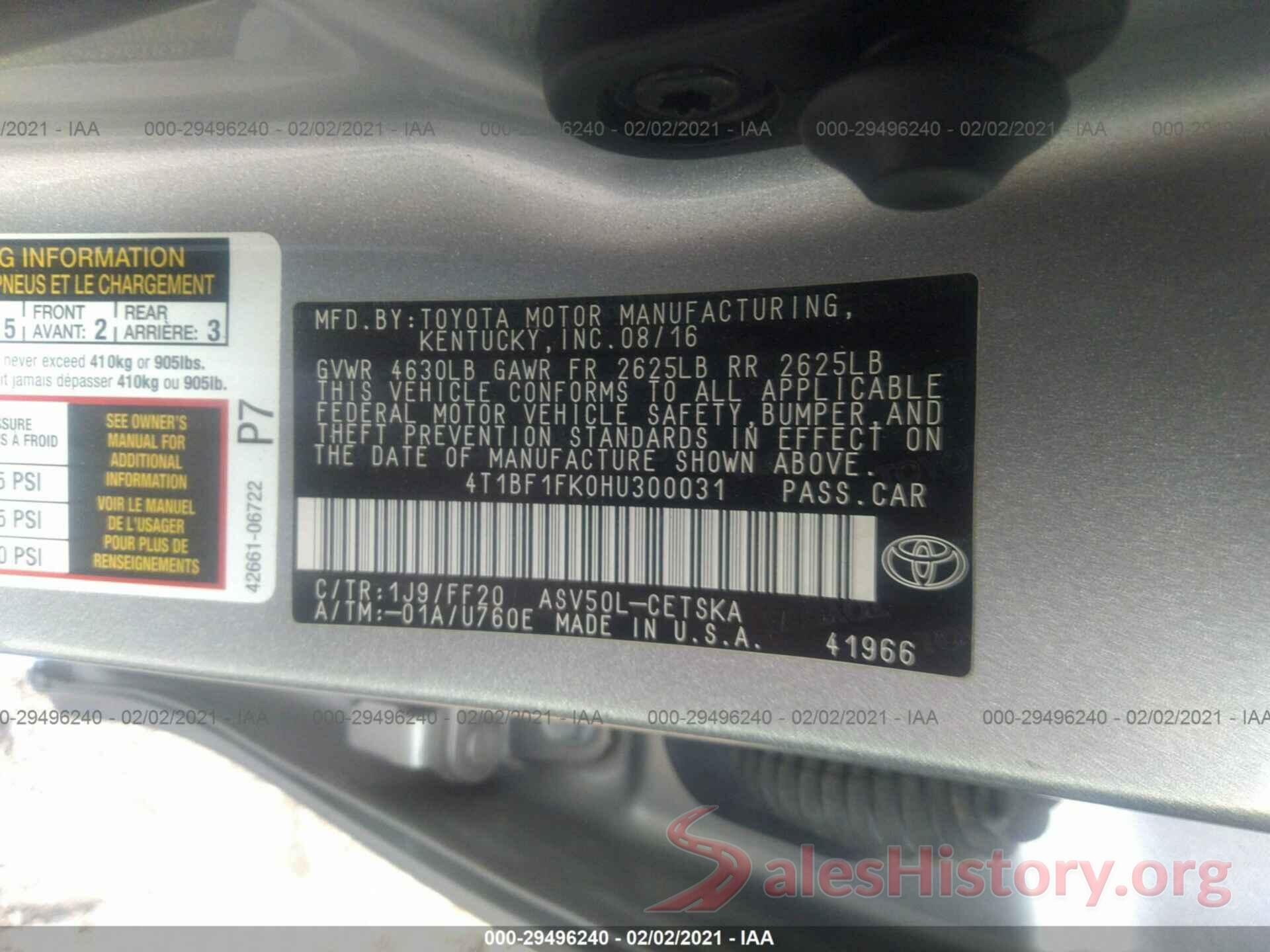 4T1BF1FK0HU300031 2017 TOYOTA CAMRY