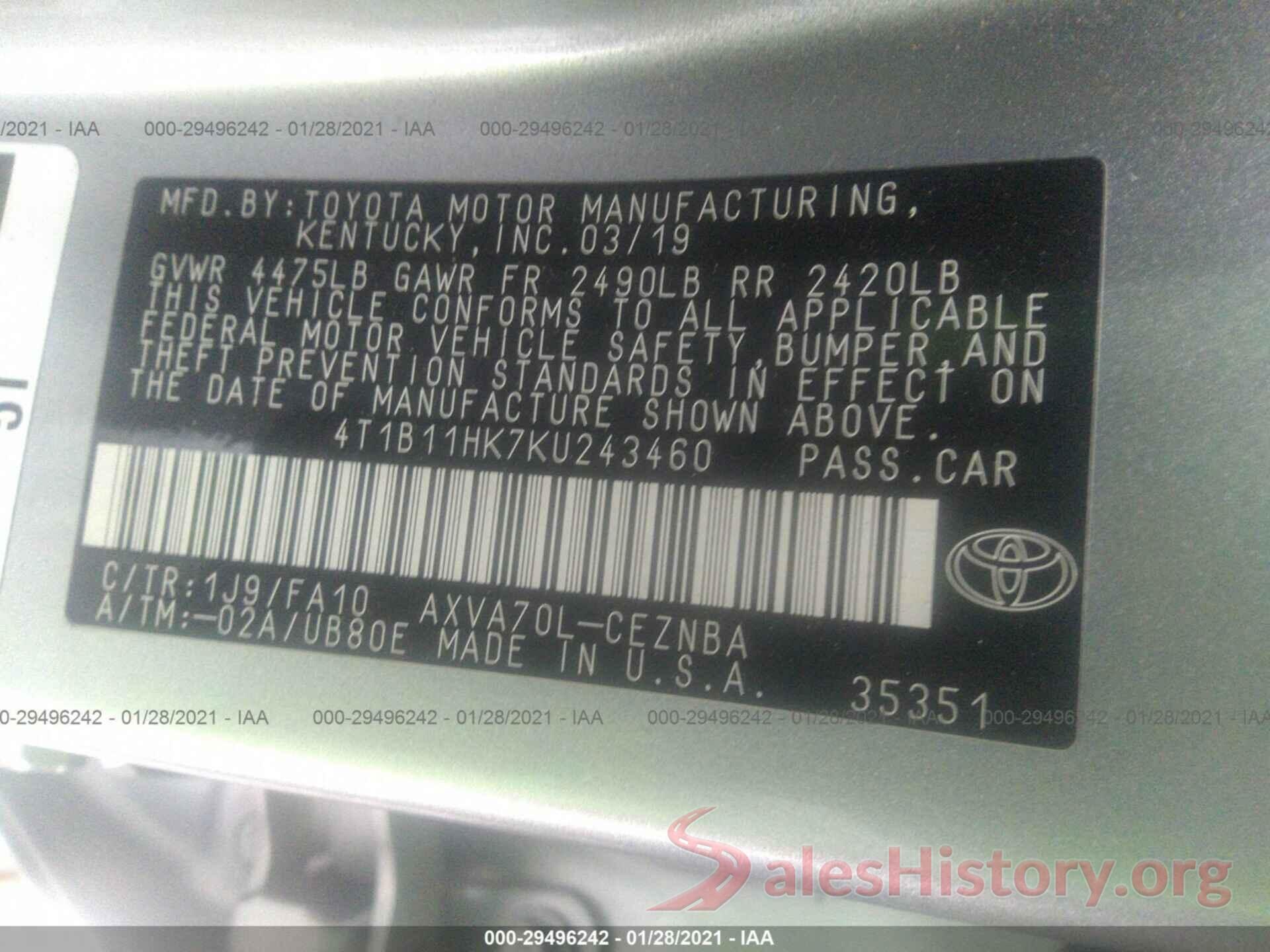 4T1B11HK7KU243460 2019 TOYOTA CAMRY