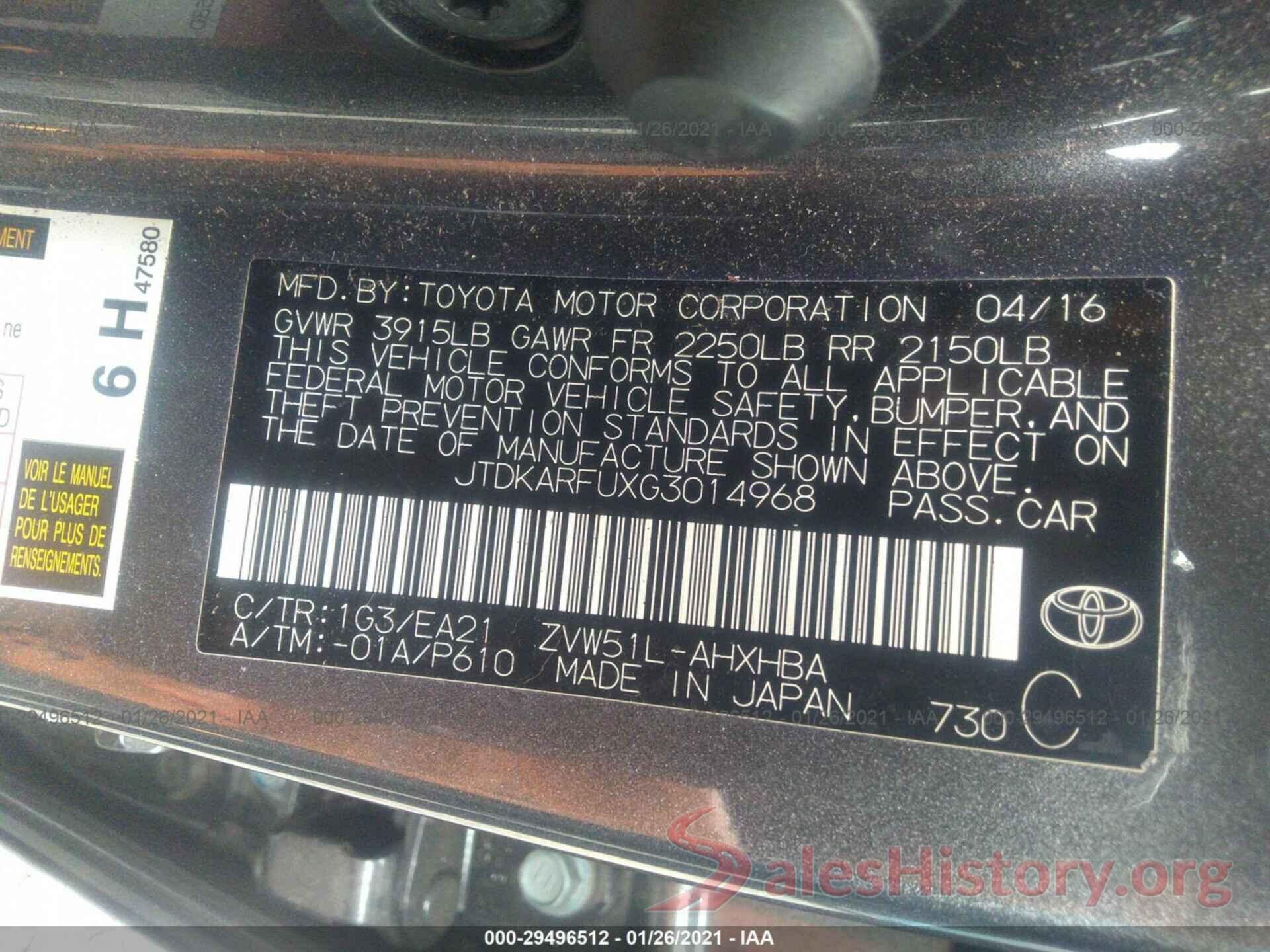 JTDKARFUXG3014968 2016 TOYOTA PRIUS