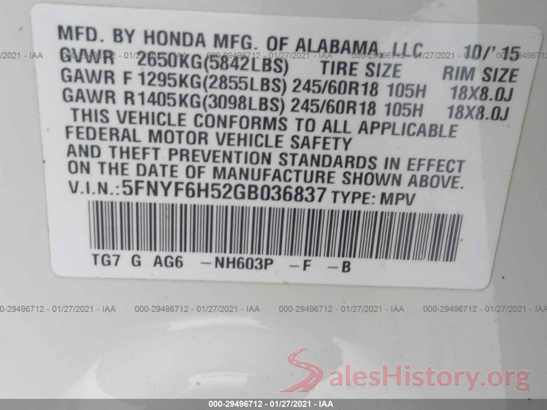 5FNYF6H52GB036837 2016 HONDA PILOT