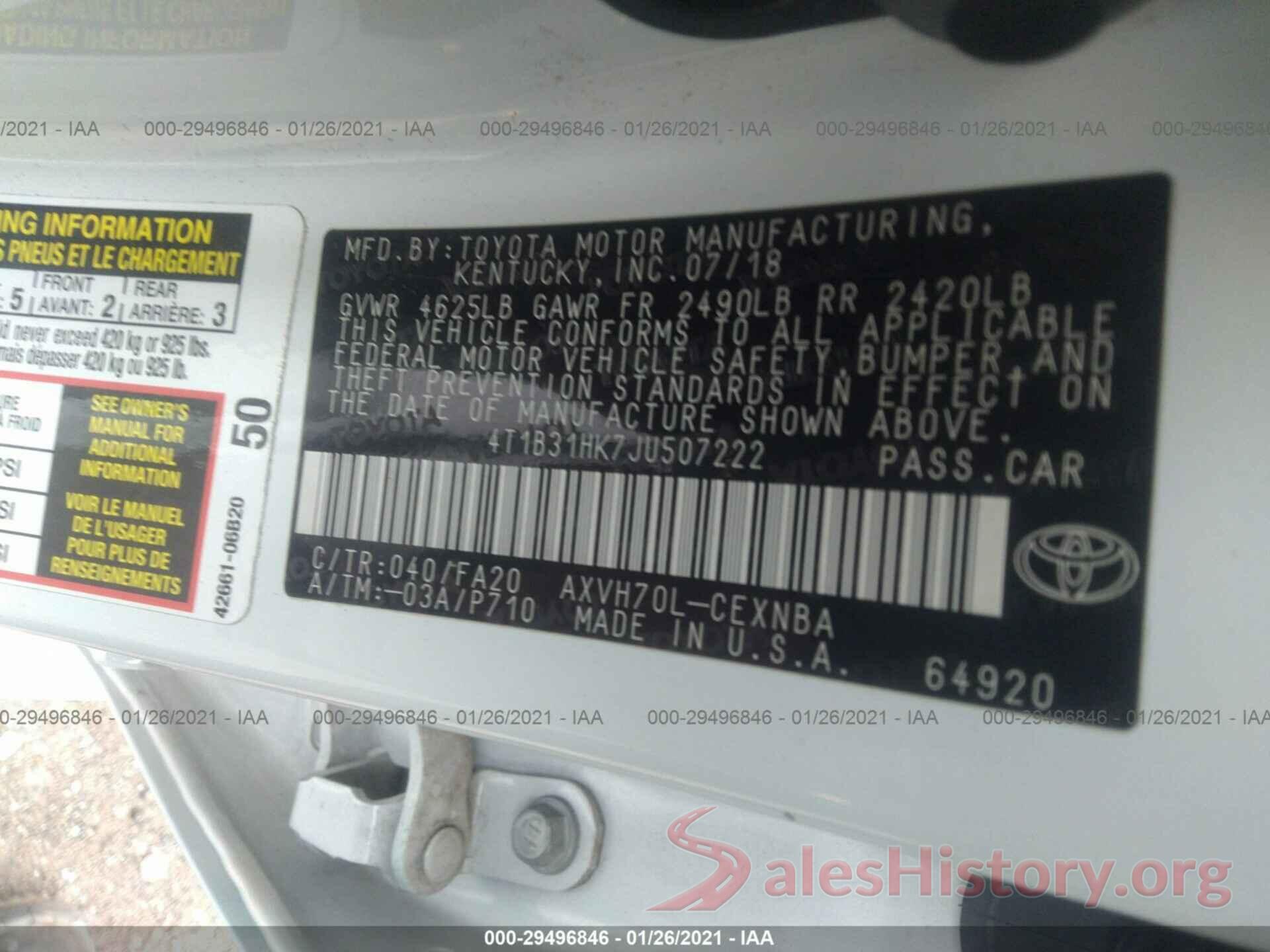 4T1B31HK7JU507222 2018 TOYOTA CAMRY