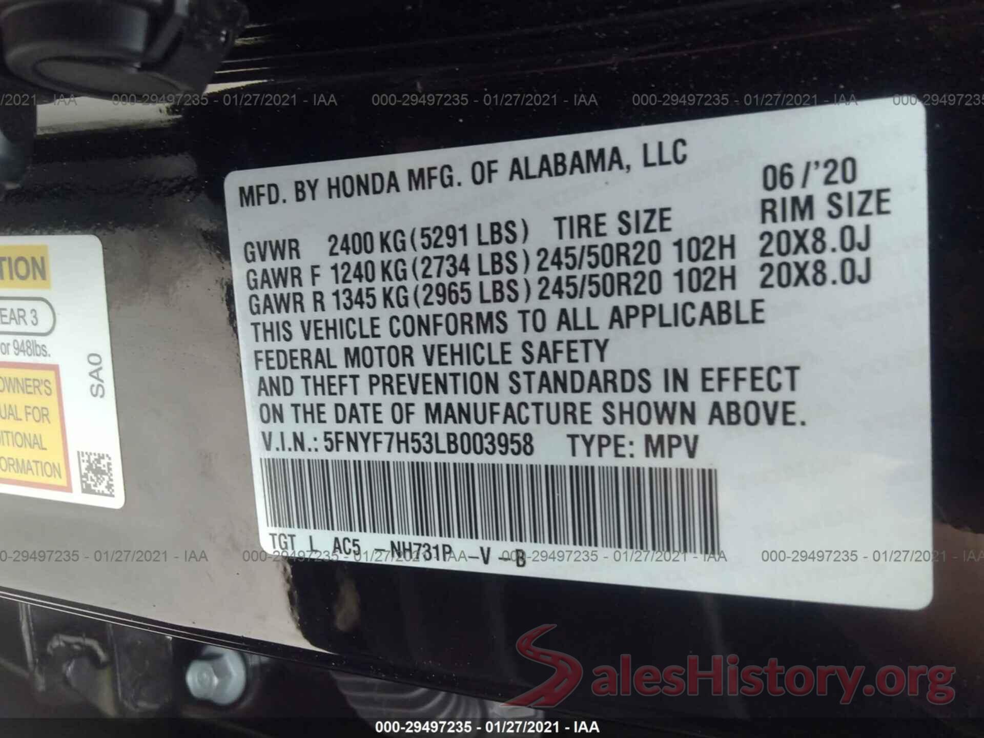 5FNYF7H53LB003958 2020 HONDA PASSPORT