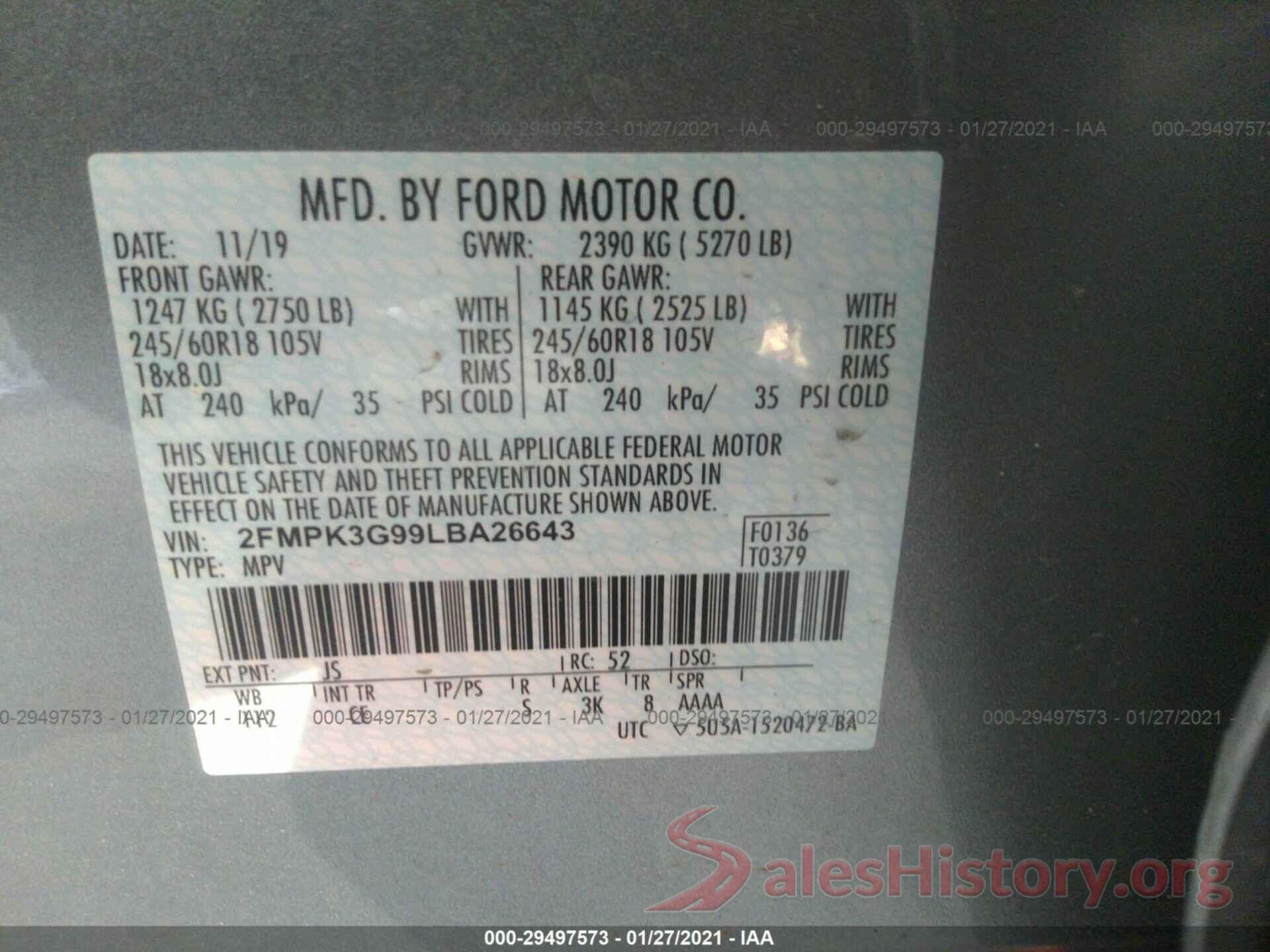 2FMPK3G99LBA26643 2020 FORD EDGE