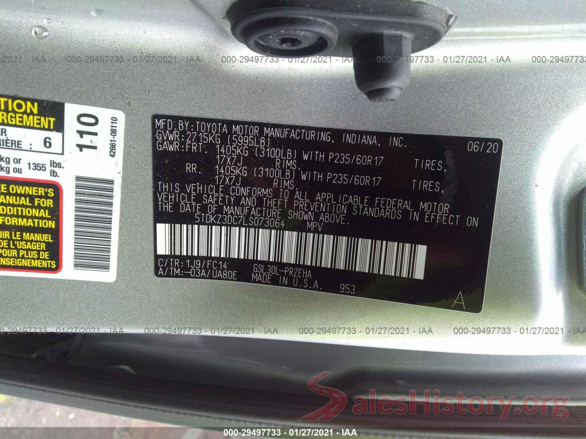 5TDKZ3DC7LS073064 2020 TOYOTA SIENNA